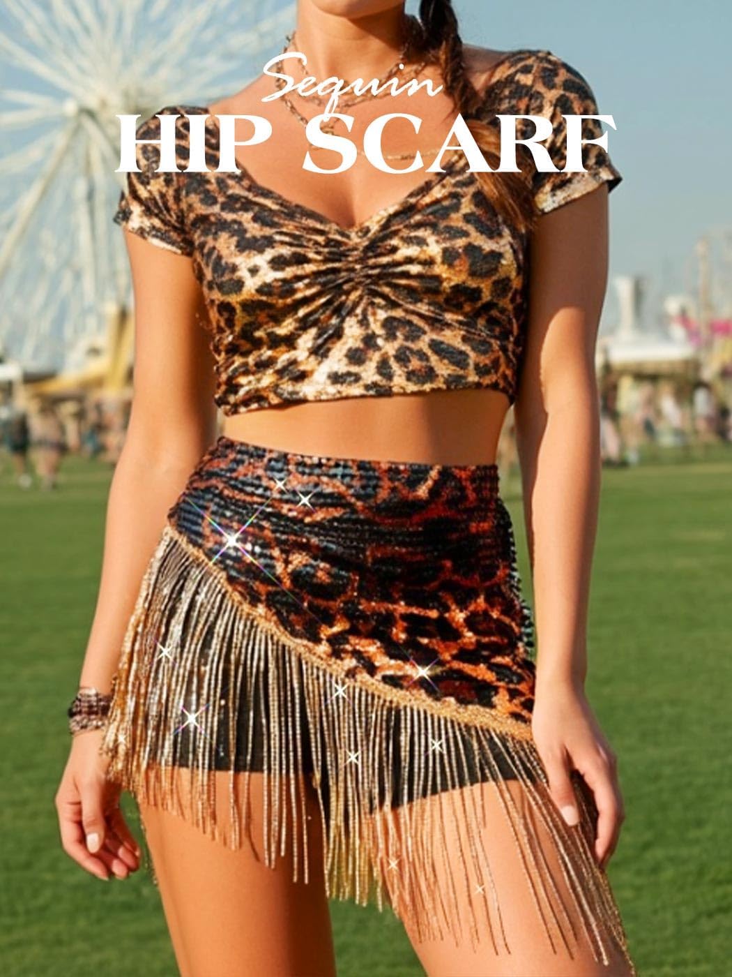 TWINKLEDE Belly Dance Hip Scarf Latin Sequin Leopard Fringe Wrap Skirt for Women