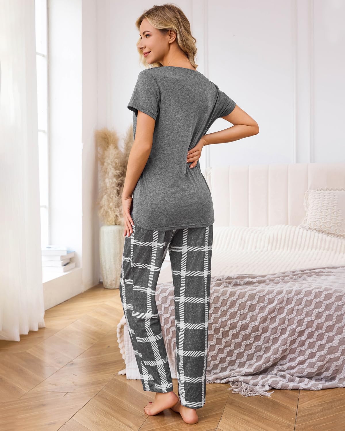 difficort Womens Pajama Sets Short Sleeve Pjs Tops with Long Pants Sleepwear Lounge Set with Pocket