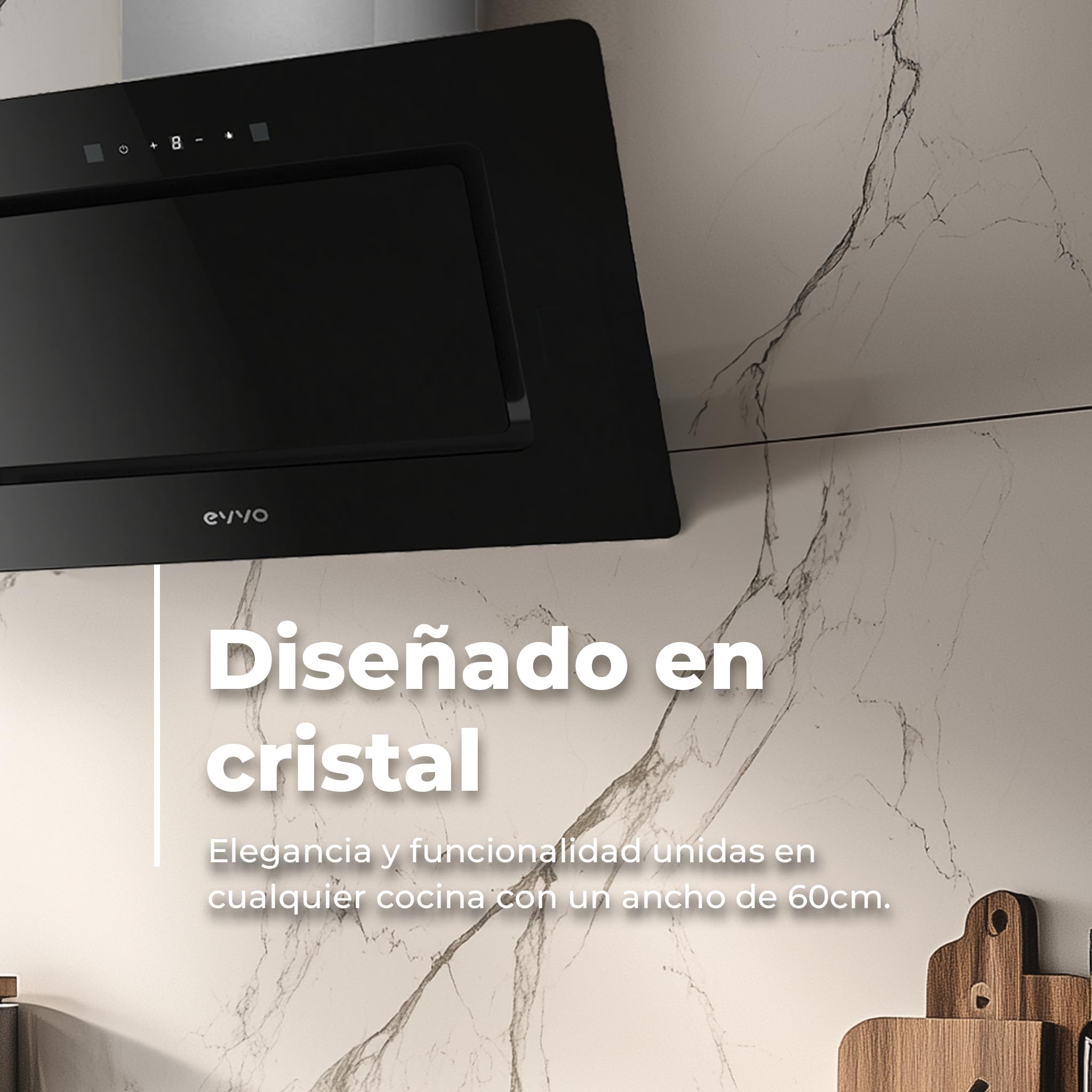 EVVO Campana Extractora 60 cm de Ancho Decorativa, Potencia 800 m³/h, Control Táctil y Gestual, Filtro de Aluminio y Carbón Activo, Eficiencia Energética A++
