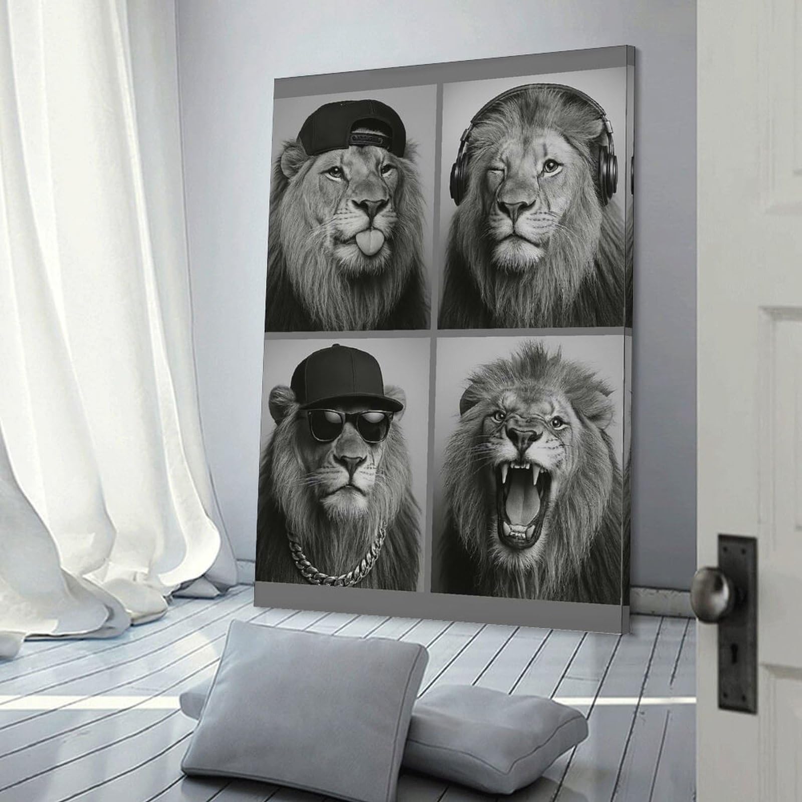 Junmoney Monochrome Lions with Accessories Collage Hanging Wall Art 12x18inch(30x45cm), for New Homes, Bedrooms Or Workspaces, Thoughtful Wall Decor for Art Lovers