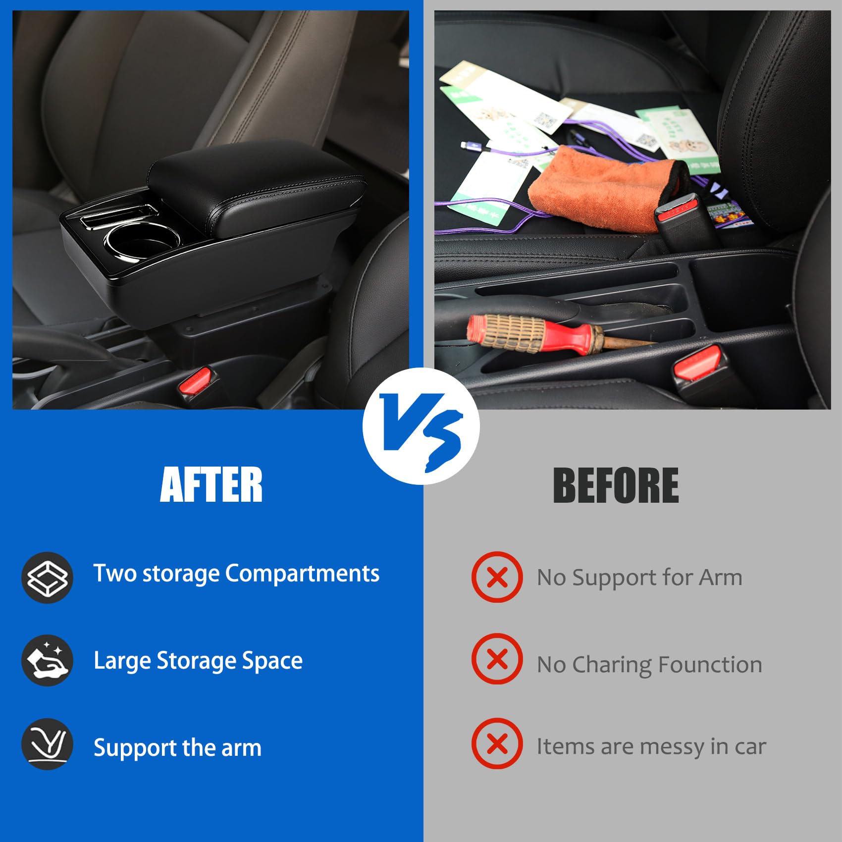 Coche Apoyabrazos para Peugeot Partner Tepee Reposabrazos Central con Compartimento y Portabebidas Tapizado Acolchado Instalación Fácil