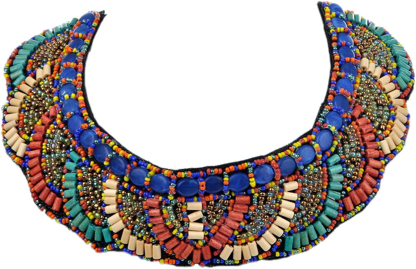 Alilang Tribal Colorful Beaded Bib Aztec Sun Scallop Edge Cute Statement Necklace