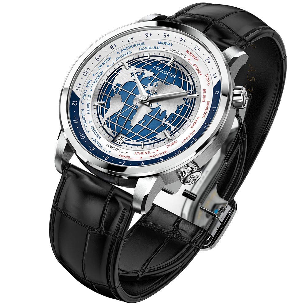 agelocer Reloj automático para hombre, hora mundial, función GMT de 42 mm con bisel giratorio, reserva de energía de 80 horas, cristal de zafiro, caja de acero 316L y correa de piel de cocodrilo, Lq
