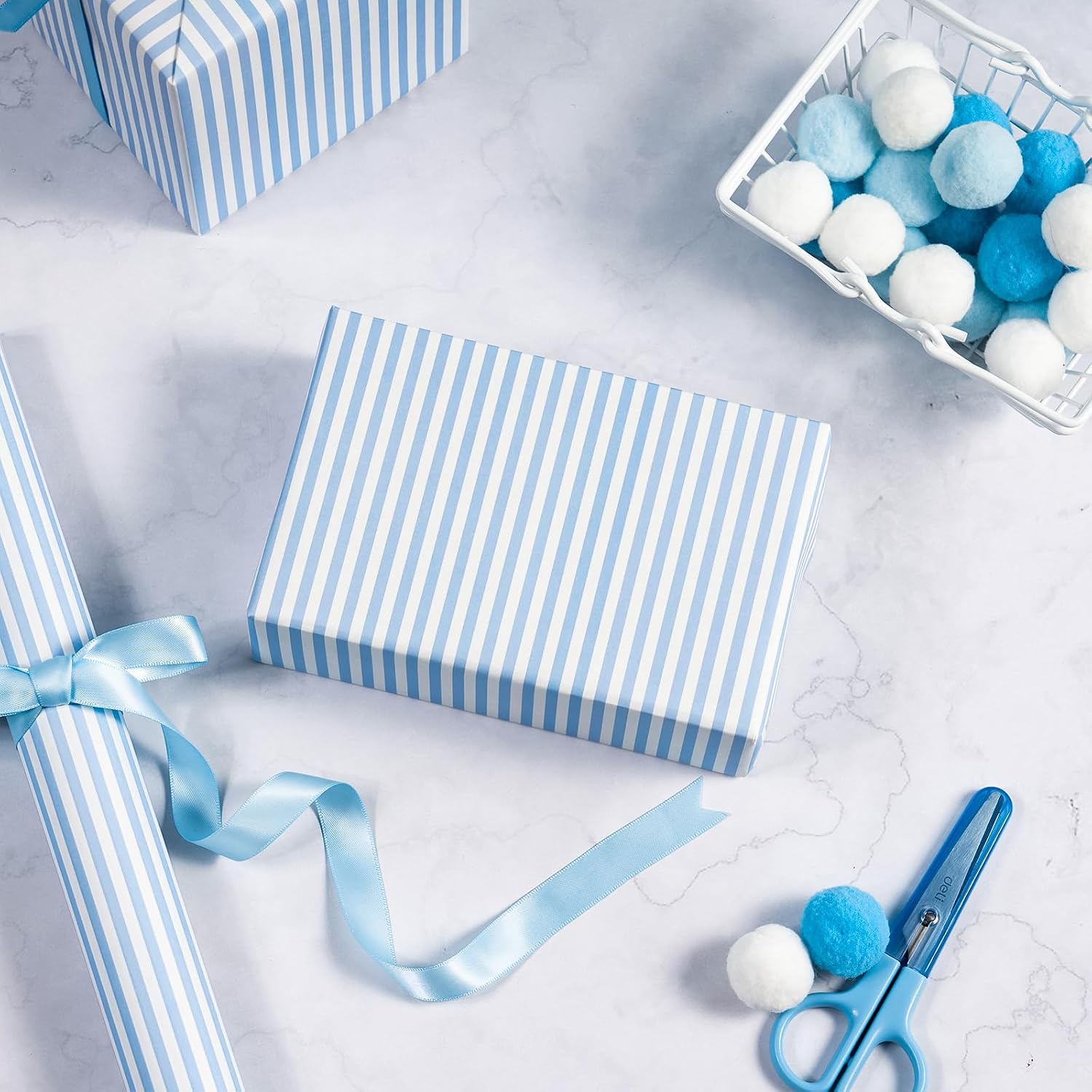 WRAPAHOLIC Kraft Striped Wrapping Paper Roll - Mini Roll - 17 Inch x 16.5 Feet - Classic Light Blue and White Stripe Wrapping Paper for Baby Shower, Birthday, Wedding