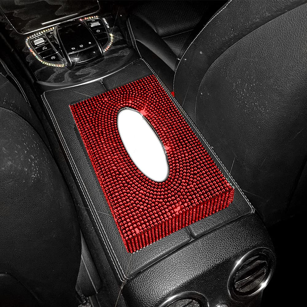 MINGZAIQIPEI Rectangle Tissue Box Cover Bling Crystal Diamonds Tissue Holder,Made by Premium Leather,Perfect for Car,Office,Home (Red)