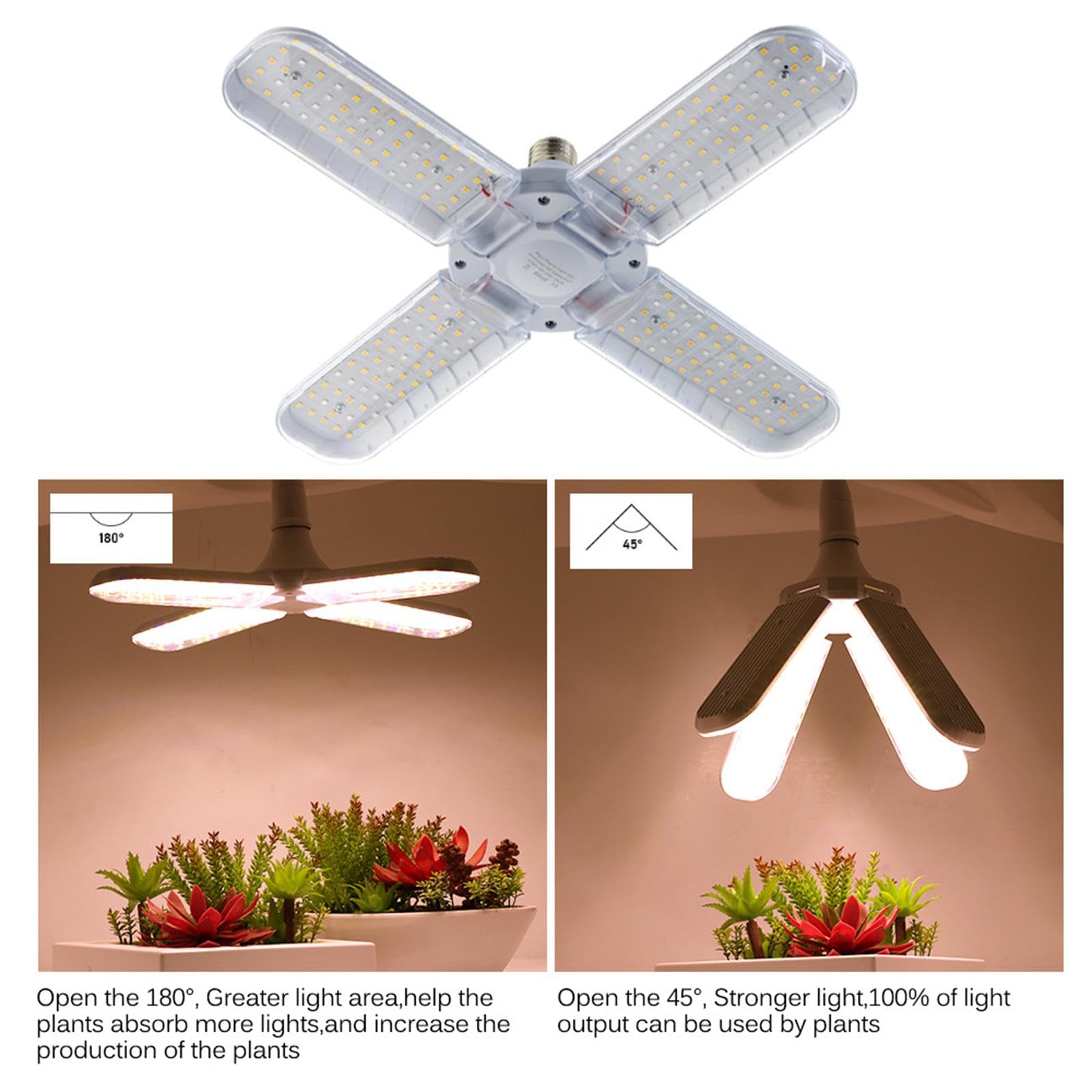Lámpara de Cultivo LED Plegable con Base E27 - Lámpara de Cultivo para Plantas de Interior Y Jardín, 48W 4 Hojas 398mm, Individual