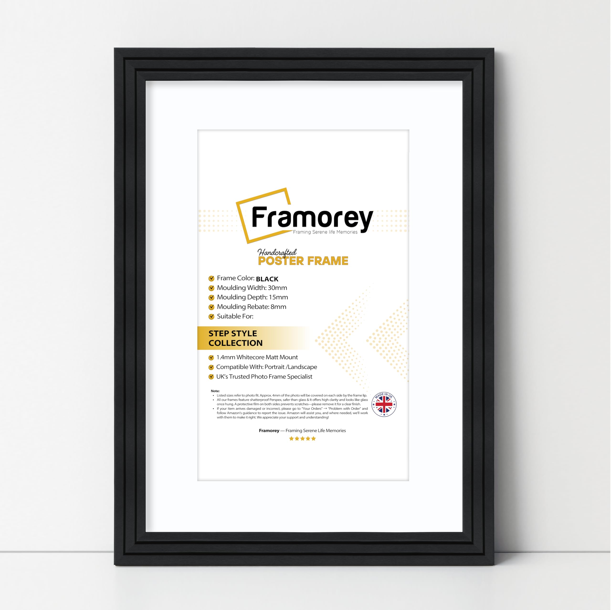 Framorey Framing Serene Life Memories Black With White Framorey Oxford Step Style Wooden Effect Picture Frame, 34X20" Size Black Photo Frame With 30X16" Size White Mount, Casual Wall Art Poster Frames, Photo Print Frames