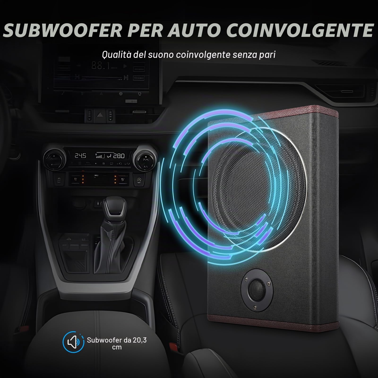 Subwoofer attivo per auto, 600 W, altoparlante in legno e acciaio inox, frequenza 40 Hz-200 Hz, SNR 90 dB per sistema audio autoradio
