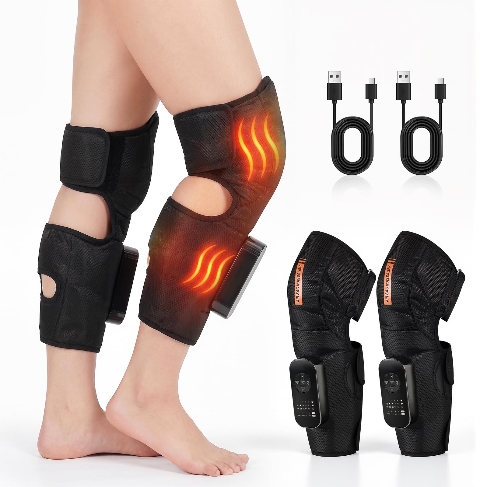Kabelloses Beinmassagegerät mit Heizung, 2 Airbags Luftkompressionsmassage für Oberschenkel Knie Waden, 4 Modi 5 Intensitäten 3 Heizstufen, EMS-Vibration, HD-Bildschirm, 2500mAh Akku