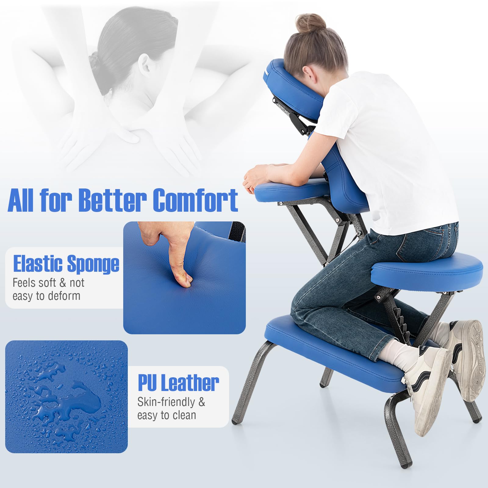 GOPLUS - Silla de masaje plegable con altura ajustable 110-120 cm, cojín con 24D esponja elástica de buena recuperación, diseño ergonómico, bolsa de transporte, carga 150 kg (azul)