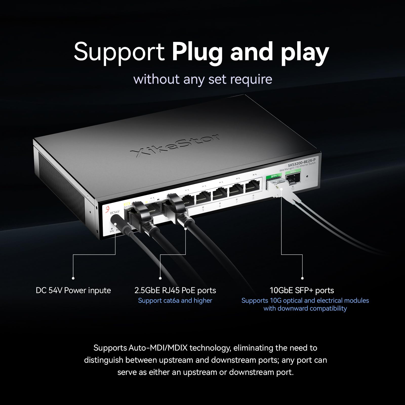 XikeStor Switch PoE Gestito 10 Porte 2.5Gb | 8 Porte 2.5G Base-T PoE+, 2 Porte 10G SFP+ | Metallo, Raffreddamento Passivo | Desktop/Parete | per IP Cam, NAS, AP WiFi 6/7, Ufficio