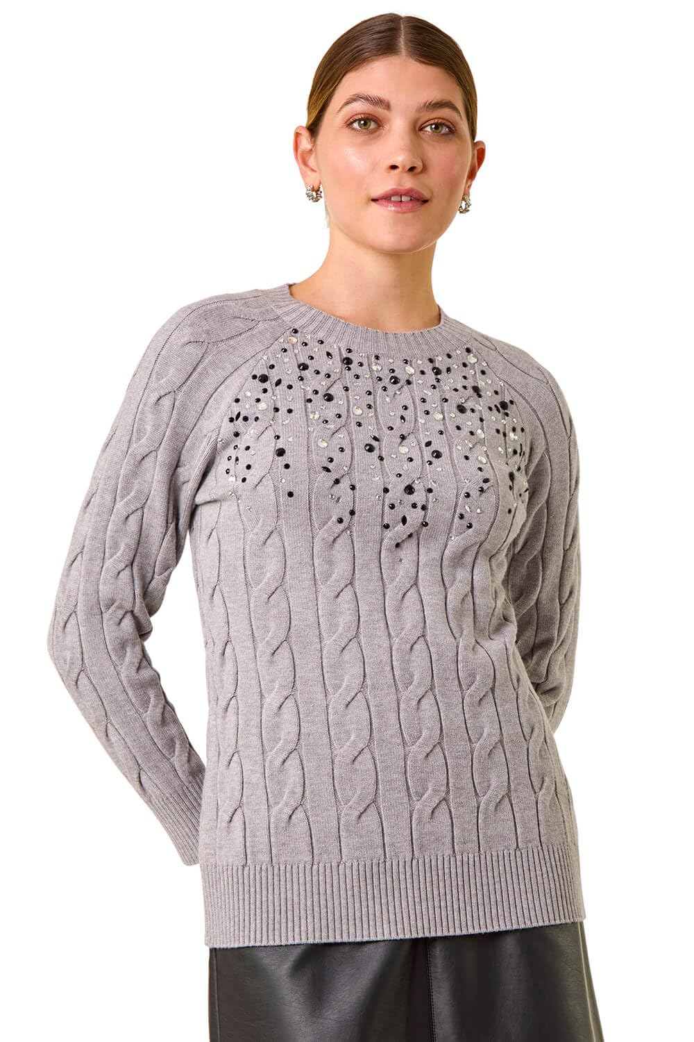 Roman Women's Embellished Cable Knit Jumper in Grey | Size: 16