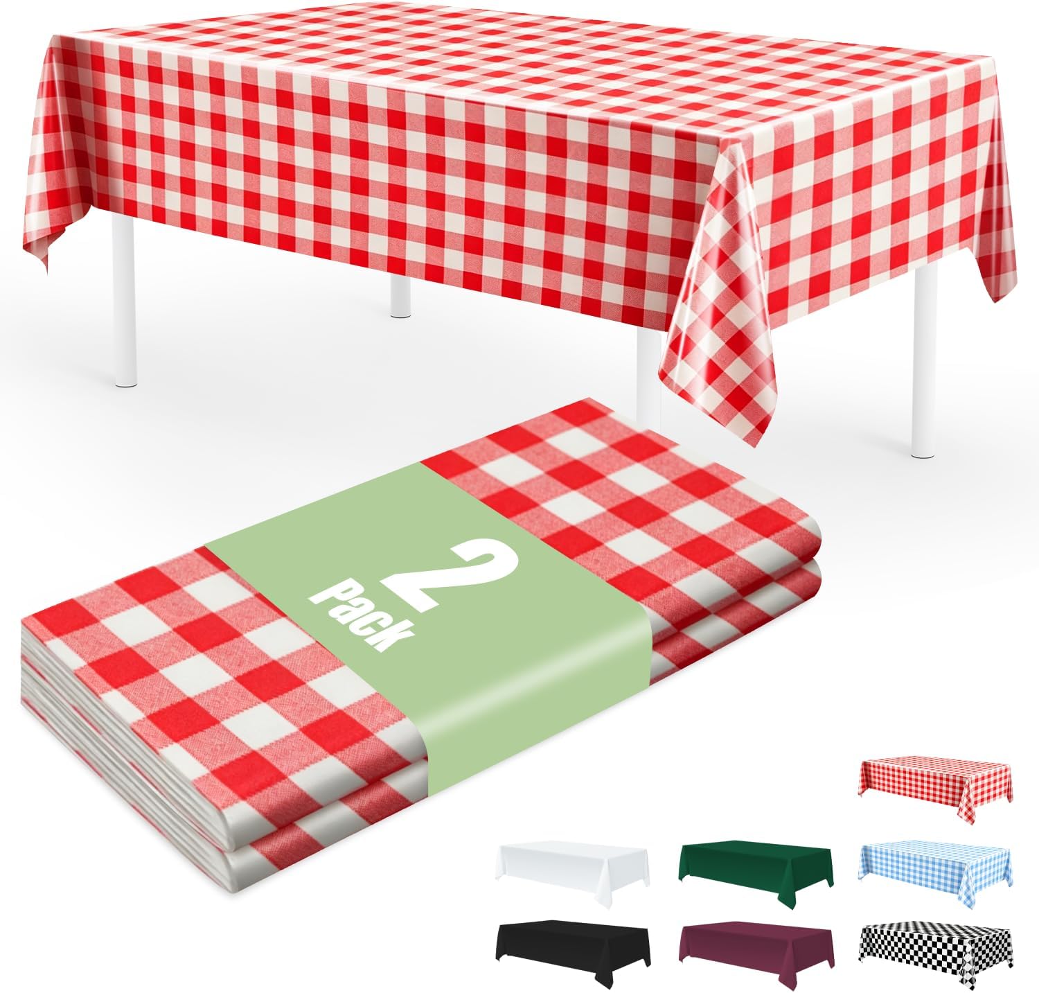 CXPSINC 2 Pack 54 x 108 Inch Plaid Plastic Tablecloth Checkered Disposable Table Cover, Waterproof Oilproof Rectangle Gingham Tablecloth for BBQ Party Birthdays Weddings (2, Red)