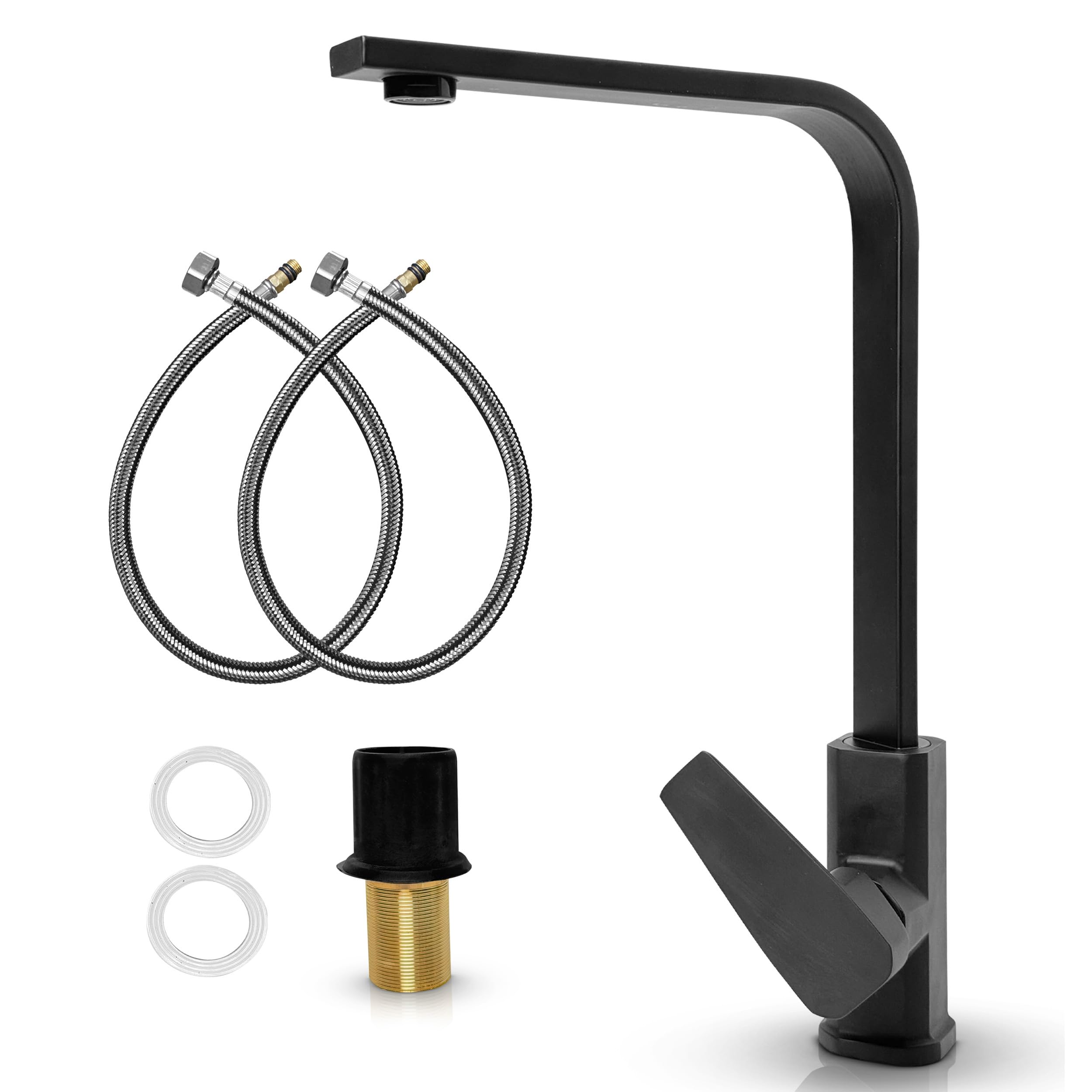 MSC Gooseneck Modern Black Kitchen Taps with 360° Swivel Spout, Kitchen Mixer Tap for Kitchen Sink with 1 Hole Single Lever