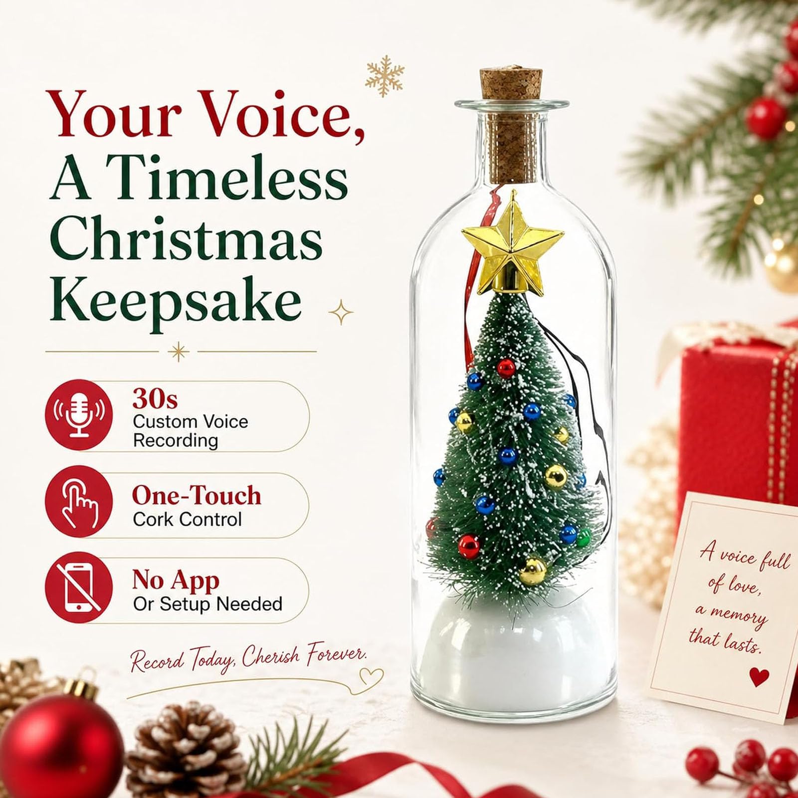 Messaggio registrabile per albero di Natale in una bottiglia, durata 30s | Vetro ricordo di Natale con riproduzione, nostalgica scena innevata, vetro decorazione vacanza(3PCS)