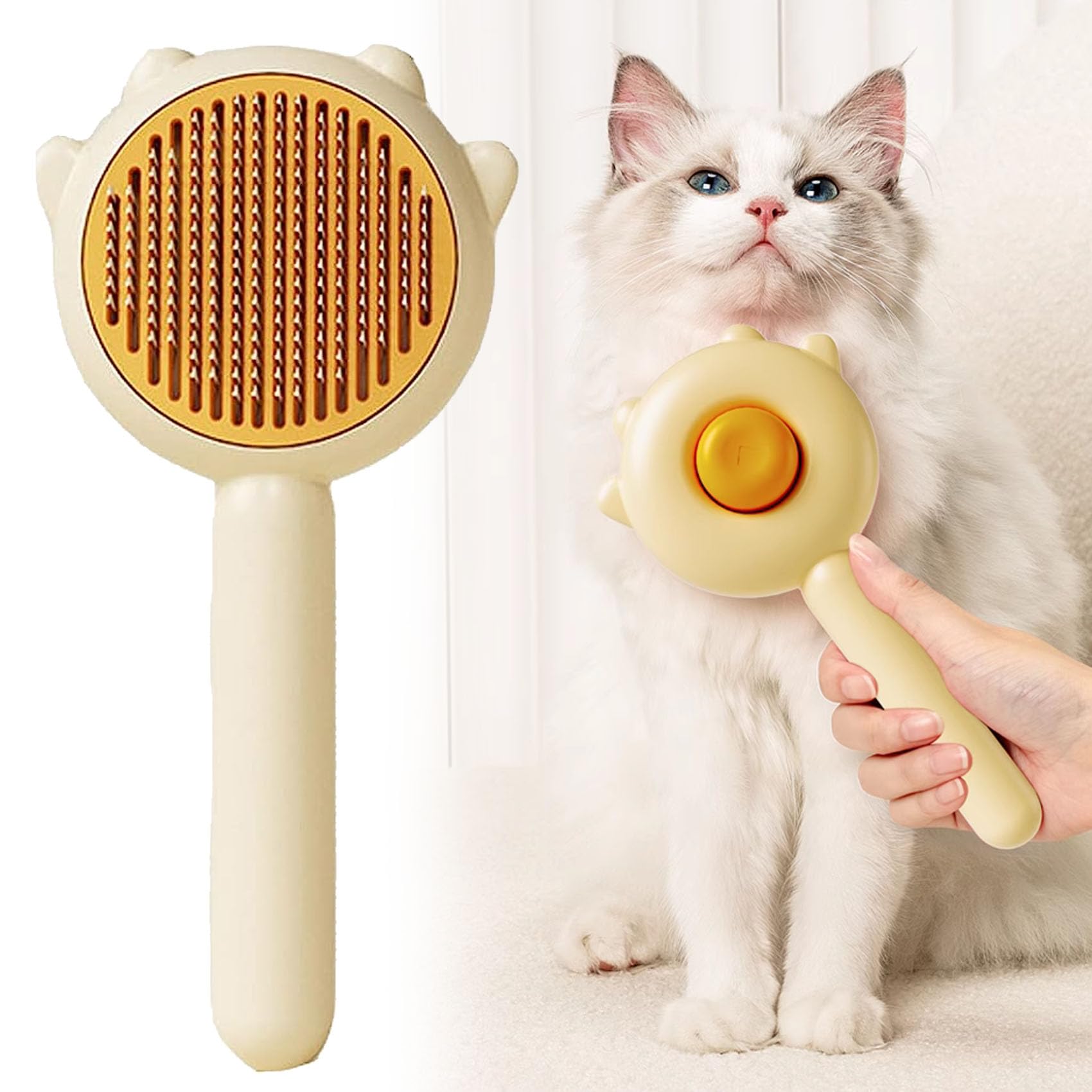 The Mutt Studio Cat Brush, Mutt Studio Self Cleaning Cat Brush, Awishday Pet Brush, Self-Cleaning Grooming Brush, 140° Curved Cat Grooming Brush with Release Button, for Cat Dog(Yellow)