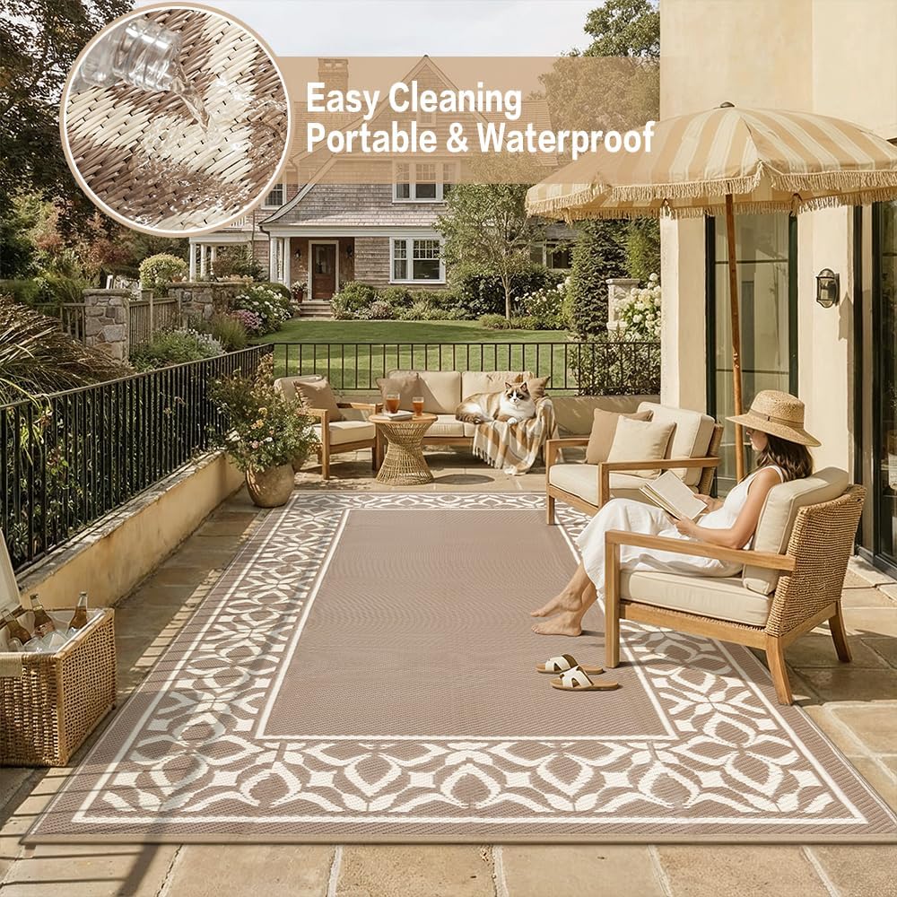 PureCozy Outdoor Plastic Straw Rug Beige Brown Large Outside Waterproof Outdoor Patio 5x8 Carpet Geometric Reversible Mat Modern for Camping RV Porch Deck Balcony Beach