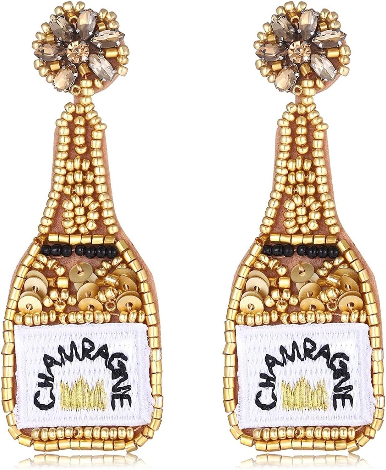 Beaded Champagne Bottle Earrings for Women Handmade Bead Champagne Drop Dangle Earring Statement Earring Studs for Birthday Holiday Parties Gifts