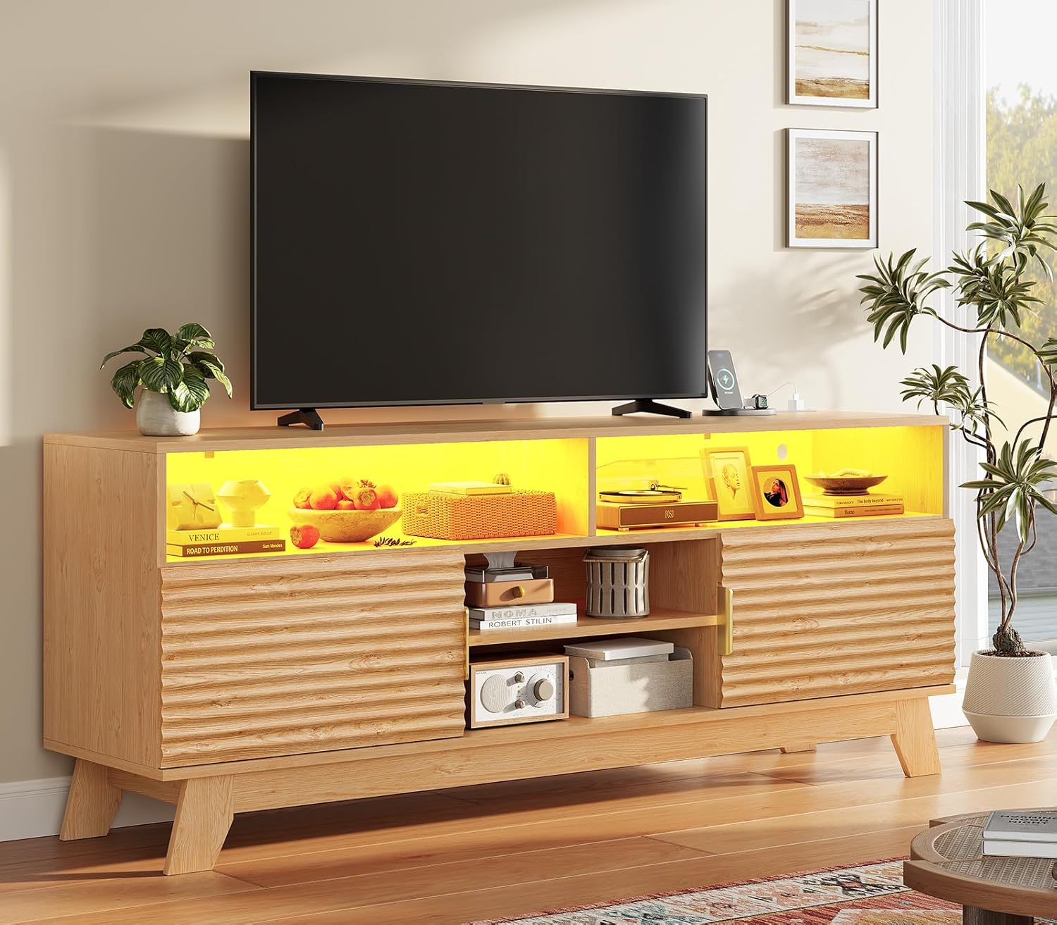 BTHFST Fluted TV Stand for 65/60/55 Inch TV, Mid Century Modern TV Stand with Charging Station, Entertainment Center with LED Lights & Shelves & Cabinets, Media Console for Living Room, Bedroom, Oak