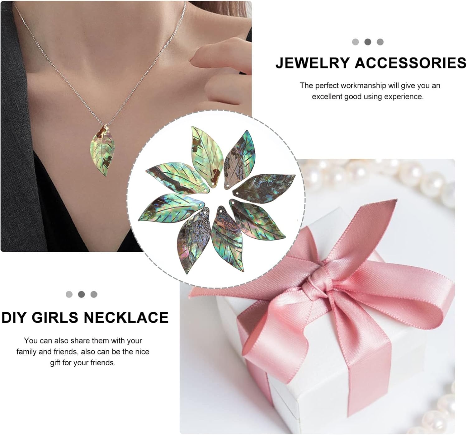EXCEART Abalone Shell Leaf Shape Pendant Jewelry Accessories for Diy Necklace Making with Small Hole for Cord Hanging 8 Pcs Set for Women Girls - Image 4