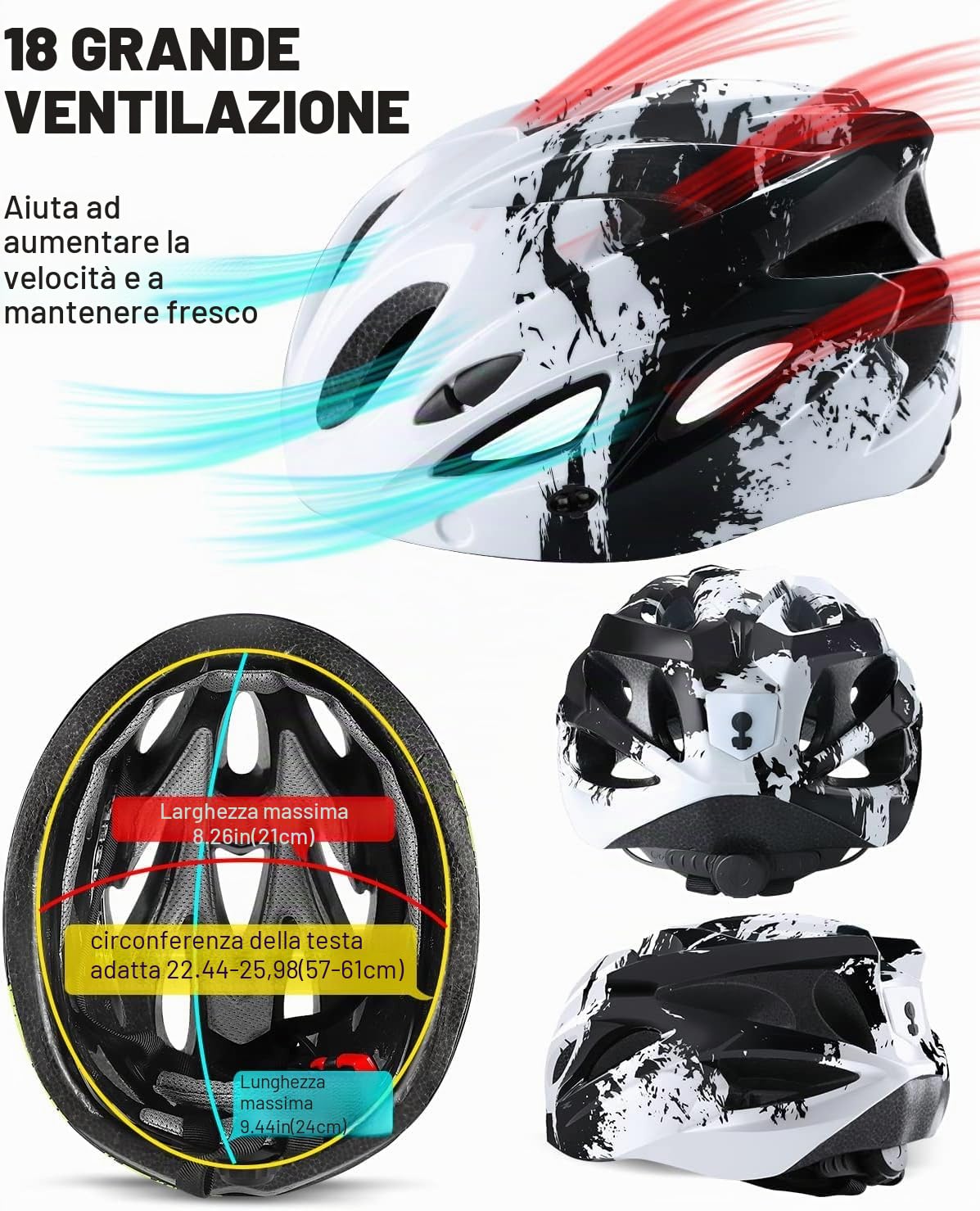 Casco Bici con LED Luce, Ultraleggero con Visiera Magnetica, Casco da Corsa Adulto MTB Regolabile 57-62cm