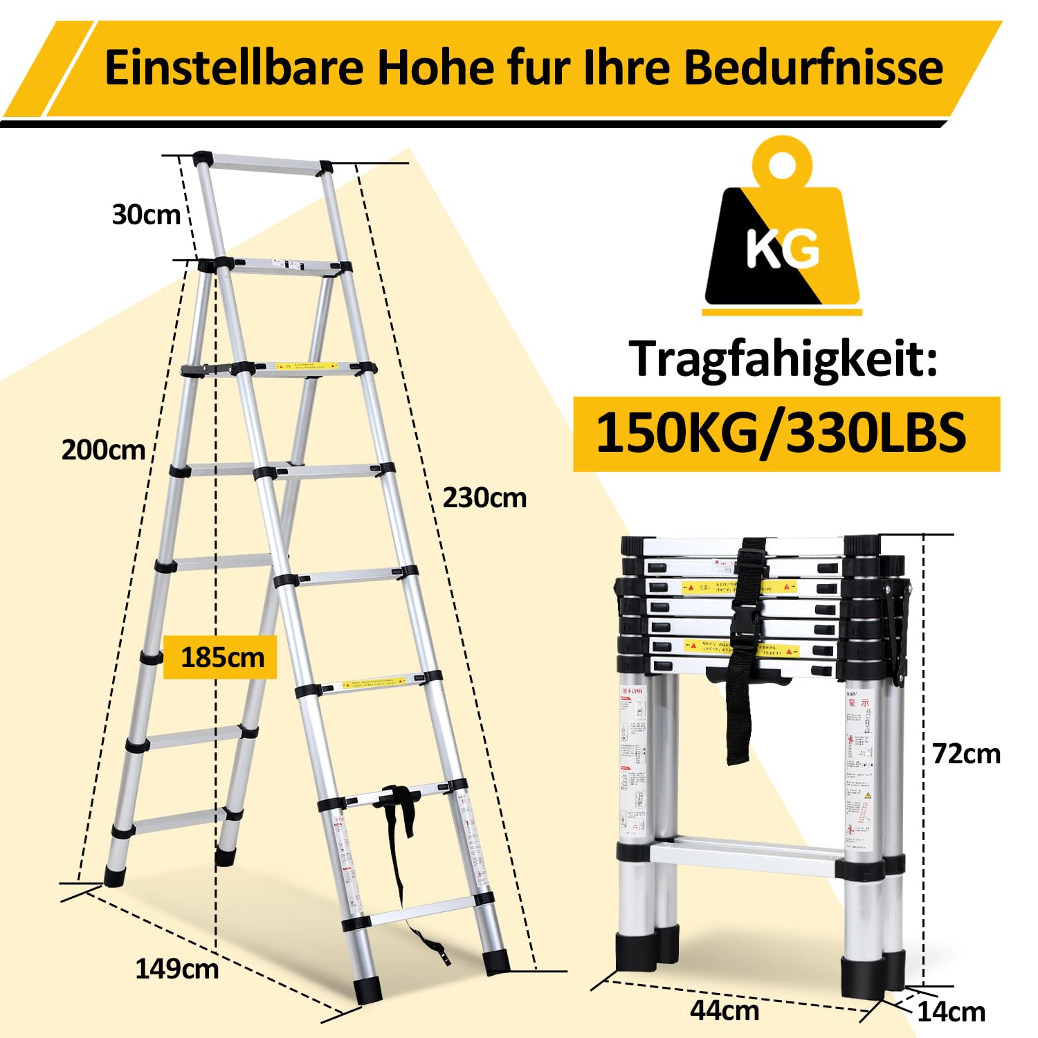 Fiqops Échelle télescopique Pliante 2 + 2,3 m - Cadre A - 6 + 7 échelons - Échelle en Aluminium antidérapante avec Barre stabilisatrice - Charge maximale : 150 kg