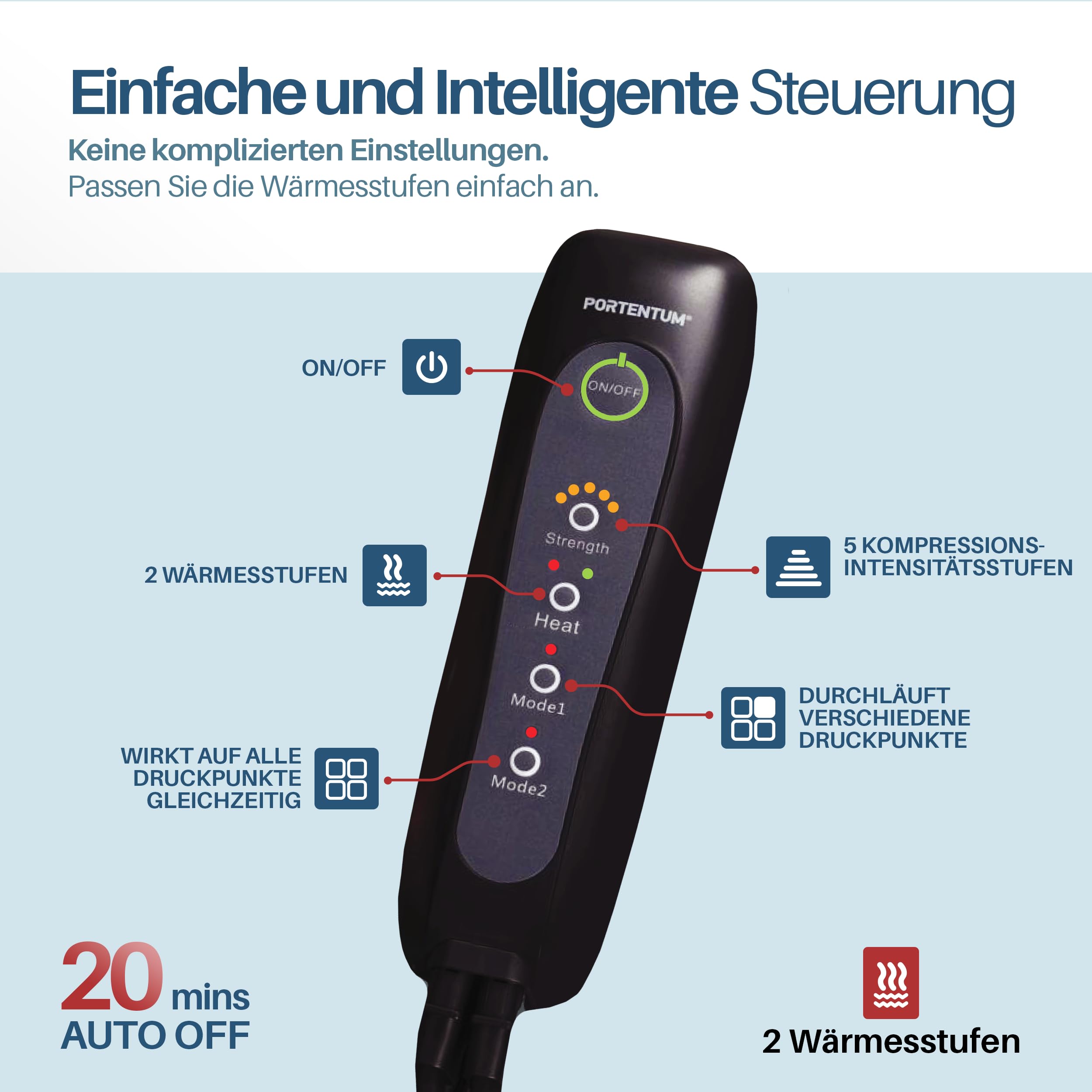 PORTENTUM Lymphdrainage gerät – Bein Massagegerät mit einstellbarer Wärme – 5 Kompressionsstufen – Fernbedienung – lindert müde Beine und fördert die Durchblutung – Transporttasche inklusive