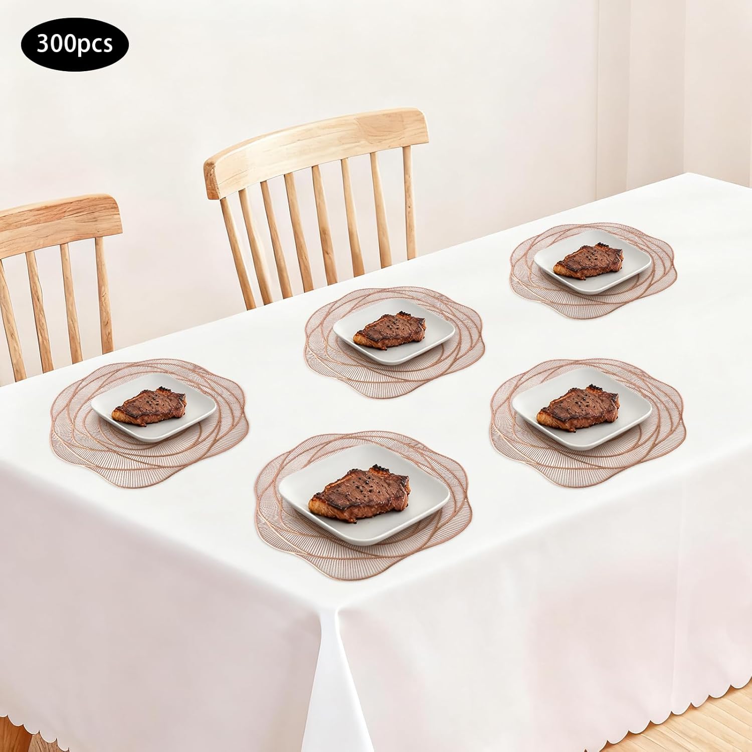 300pcs Dining Table Mats, Rose Slip Resistant Place Mats Set, 14.96inch PVC Hollow Out Dinning Place Mat for Wedding Dining Kitchen, Smooth Edges, Repeated Use (Rose Gold)