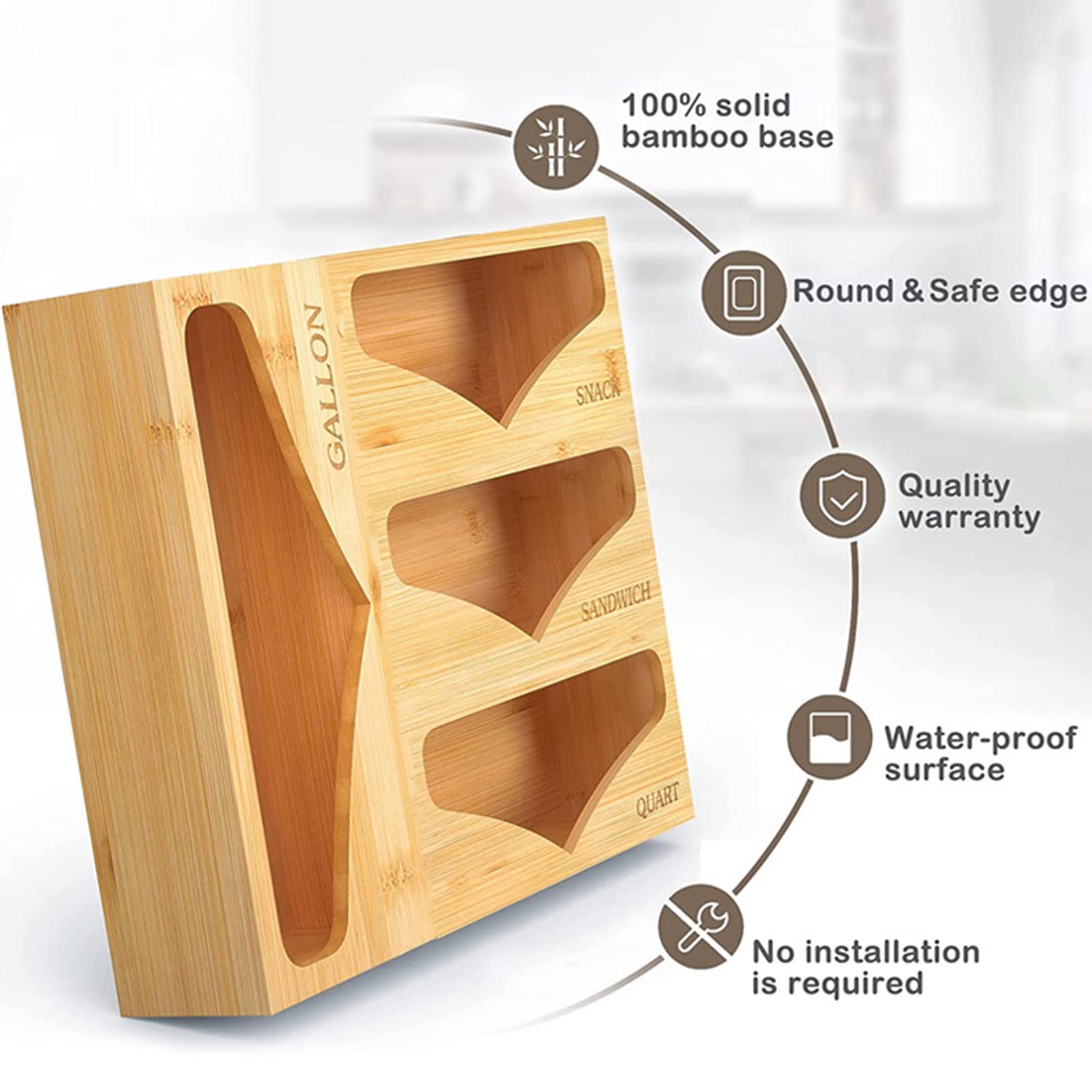 Bamboe Ziplock Bag Storage Organizer, Voedsel Opbergtas Houder Organizer en Dispenser voor Keukenlade, Compatibel met Gallon, Quart, Sandwich, Snack Variety Size Bags