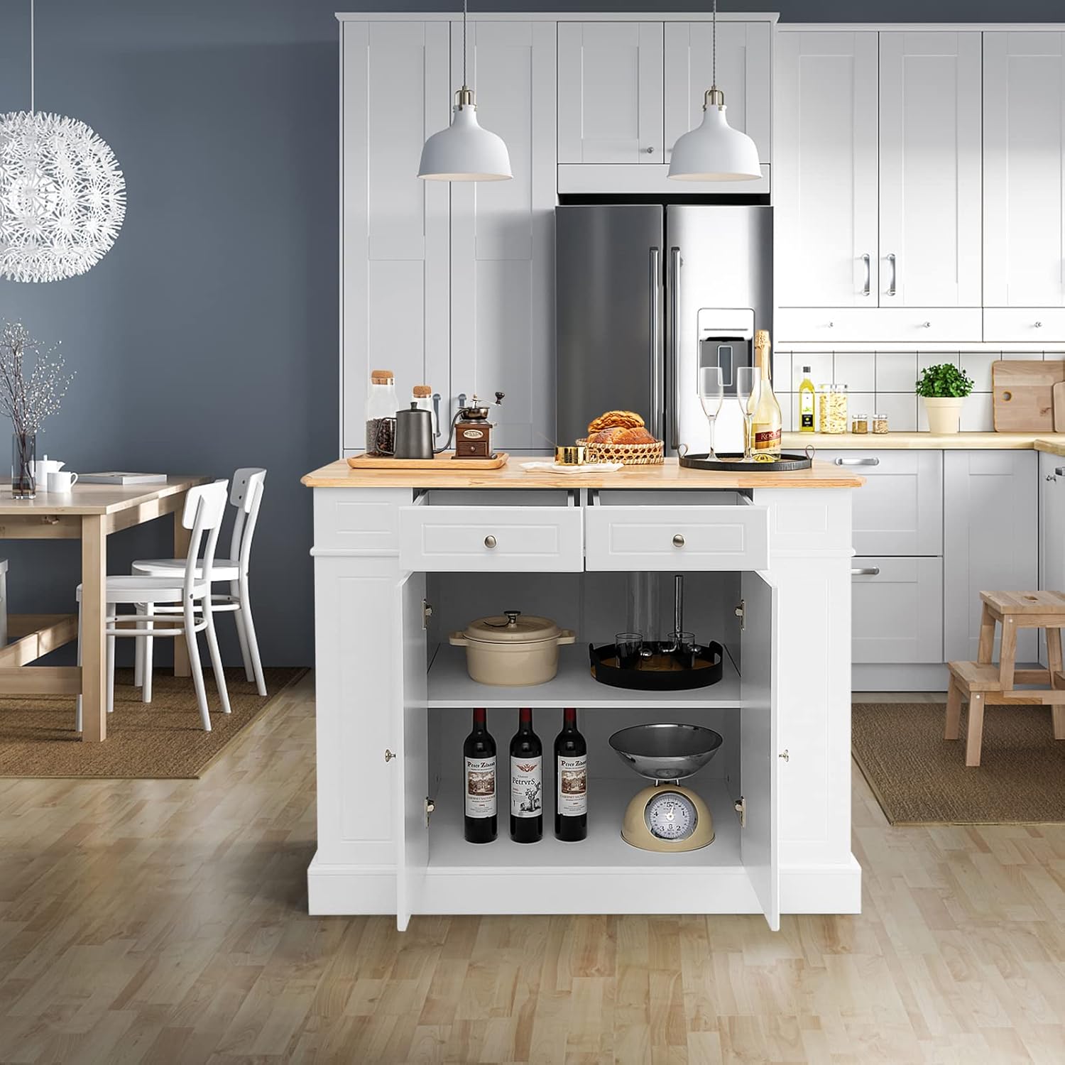 COSTWAY Kitchen Island with cabinet doors open, revealing the spacious interior.