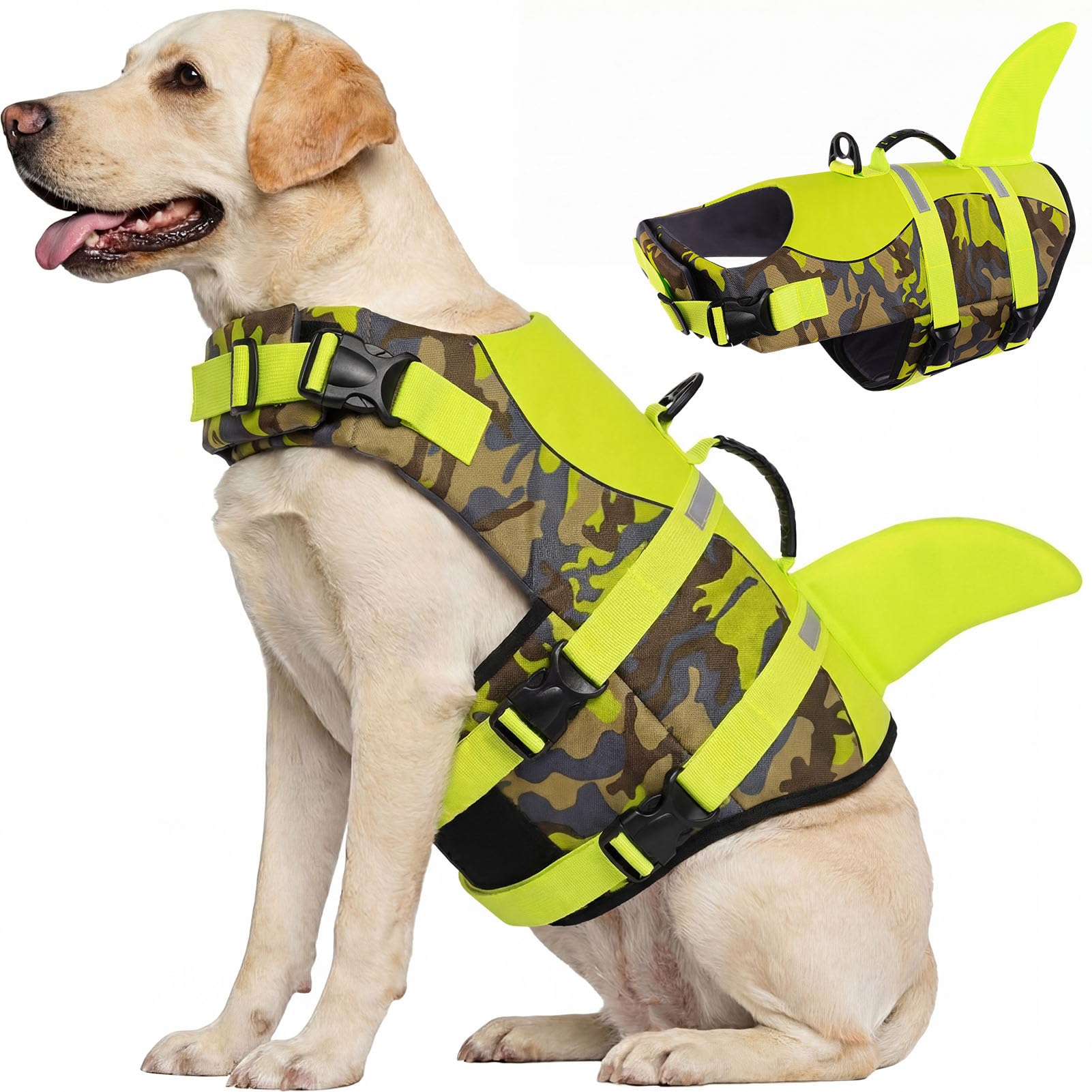 CITÉTOILE Salvagente per Cane, Giubbotto Salvagente per Cani, Ripstop Regolabile Squalo Giubbotto di salvataggio, Leggero e Sicuro per Gli Sport Acquatici, Verde mimetico, XXL