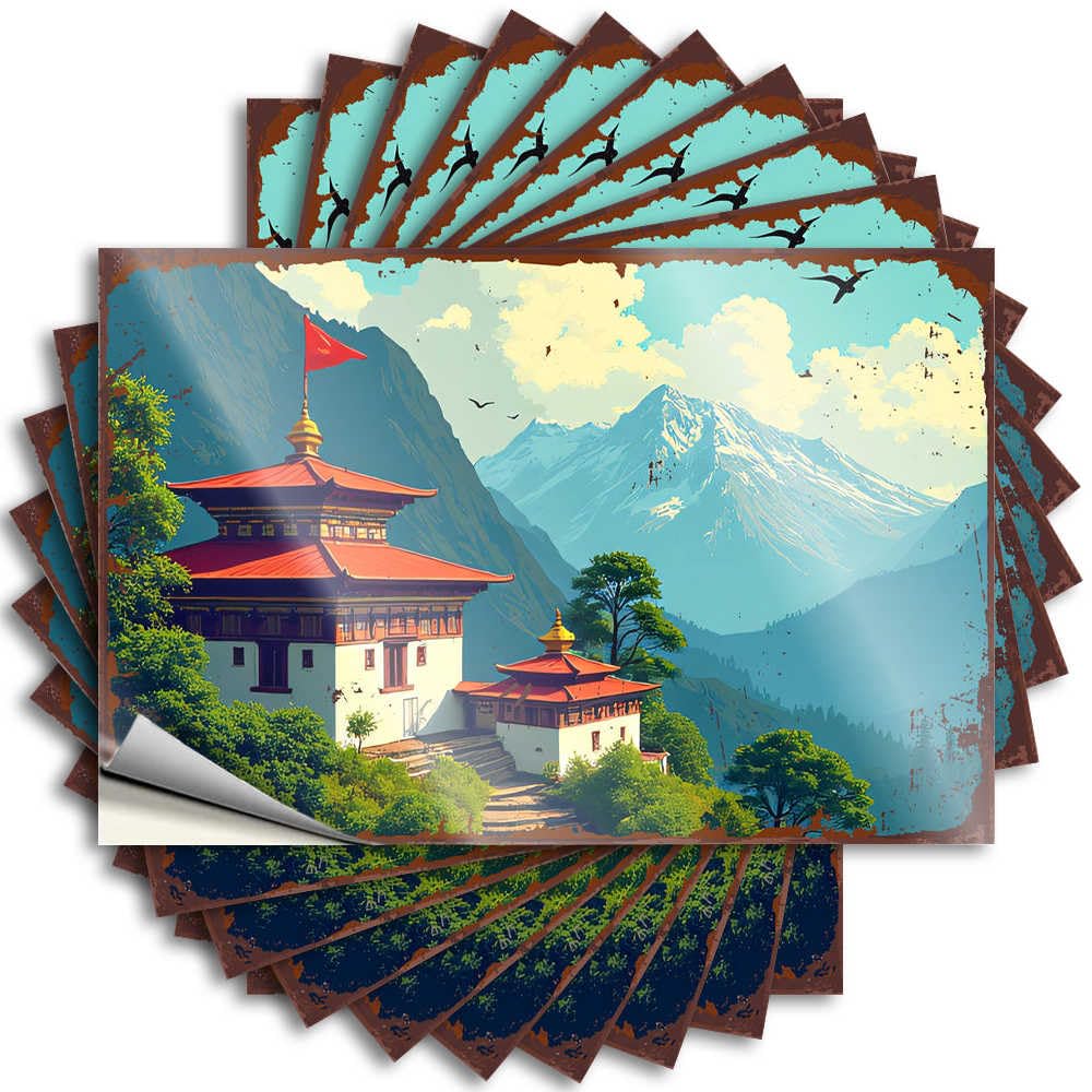 Quote Rubber Peel and Stick - Bhutanese Temple Amidst Snow-Capped Mountains Window Heavy Waterproof Vinyl for Man(12X18CM)