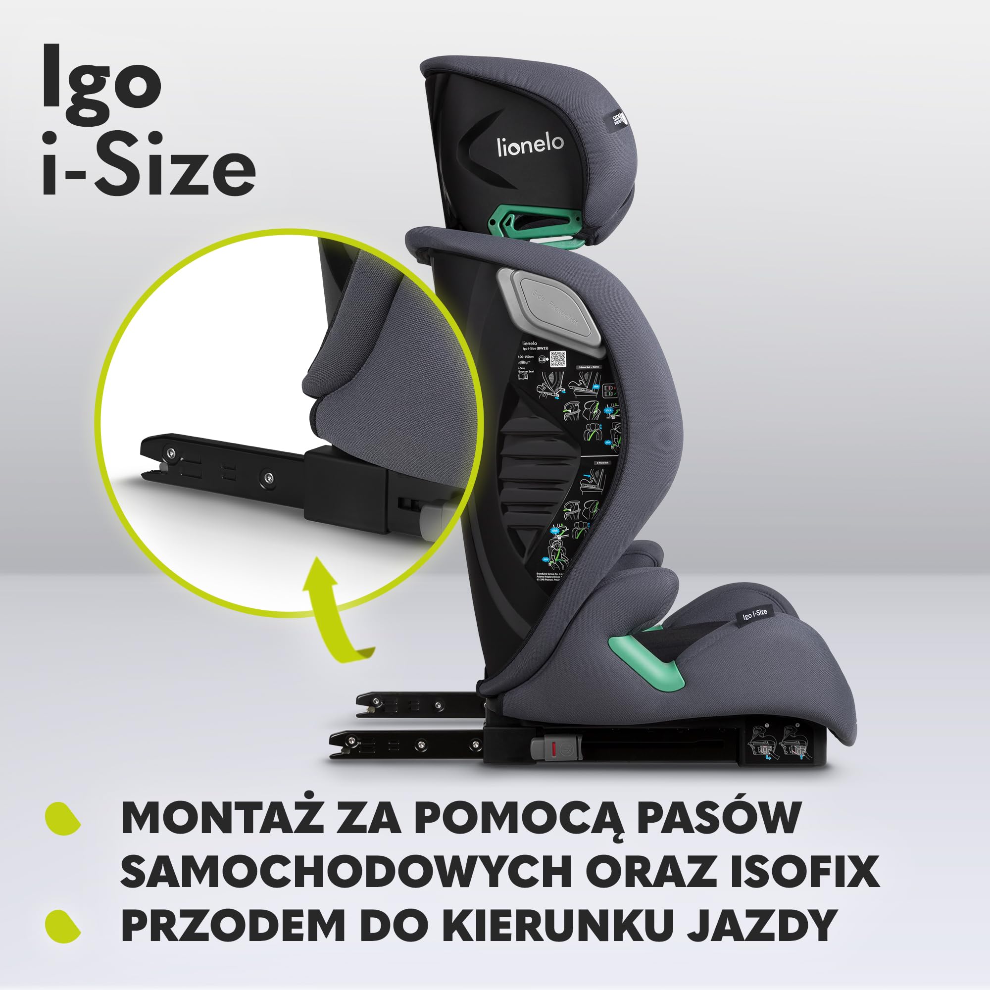LIONELO IGO I-SIZE Fotelik Samochodowy Dziecięcy, Grupa 2 3, od 100-150 cm Montaż Przodem ISOFIX lub Pasy, Regulacja Oparcia i Zagłówka z Pianką Memory Foam Wypinane Oparcie (Grafitowy)