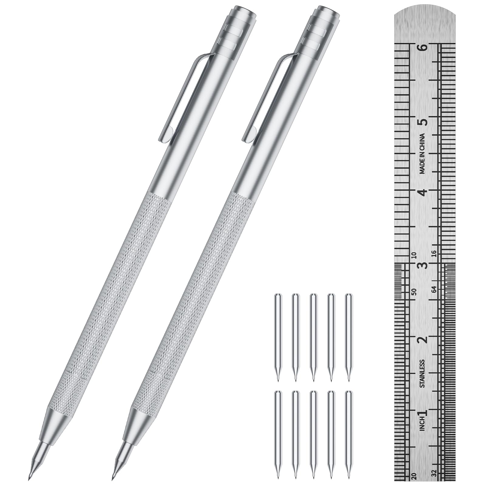 GCHMDE 5-Pack Tungsten Carbide Scriber, Metal Scribe Tool with 25 Replacement Marking Tips & Steel Ruler - Knurled Aluminum Handle & Magnet, Engraving Pen for Glass/Ceramics/Metal Sheet (5) — Amazon image 8