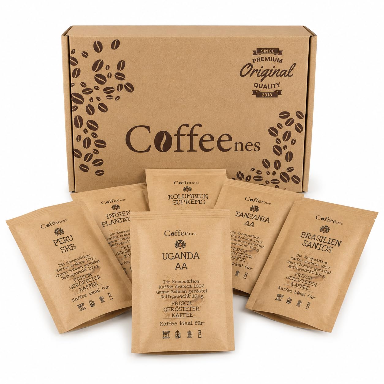 Kaffee Geschenk - Kaffeebohnen Geschenkset 6x100g Probierset Arabica für Vollautomaten | Single-Origin aus 6 Ländern, Ganze Bohnen | Geschenkidee für Kaffeeliebhaber, Männer & Frauen | Coffeenes