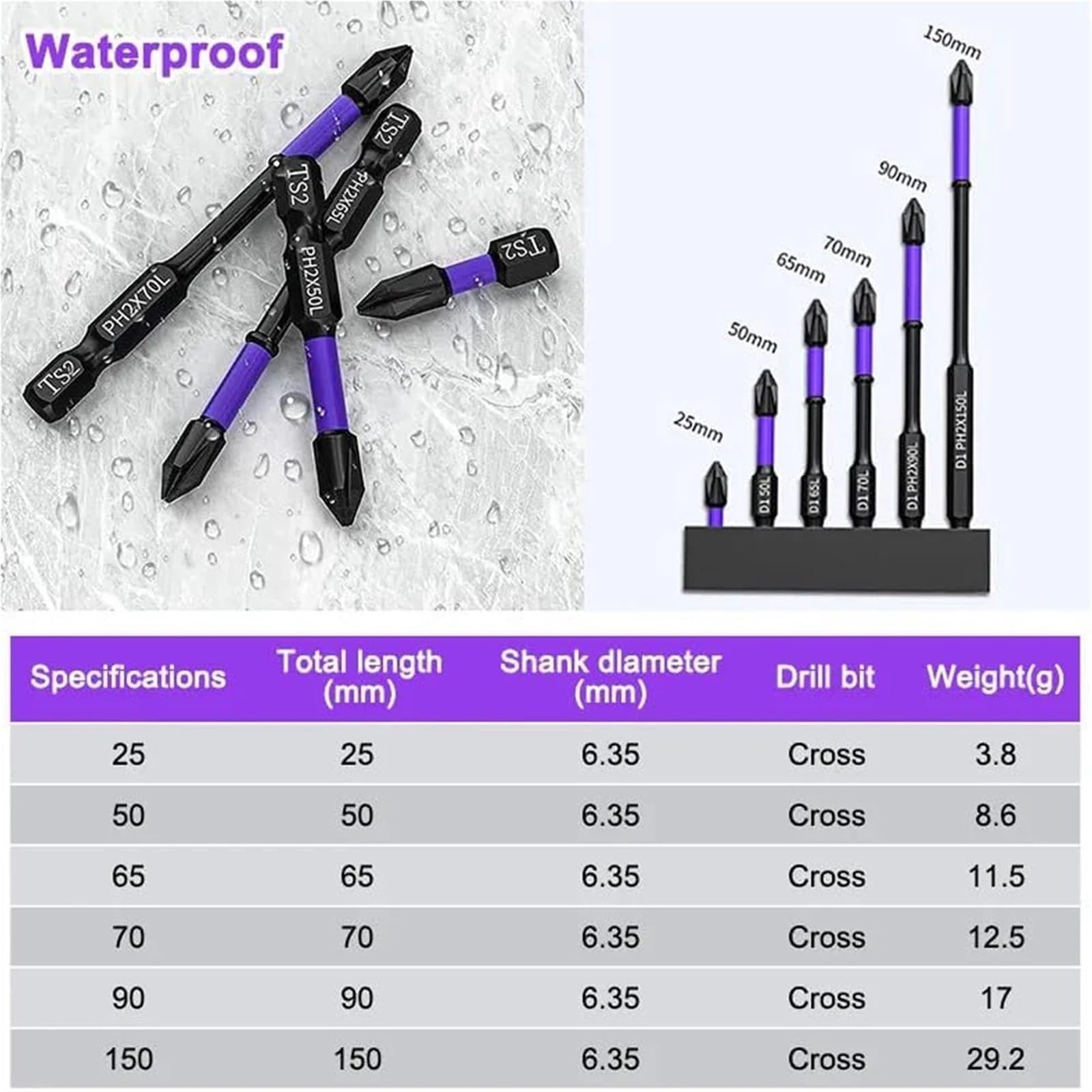 Cacciavite Punte for cacciavite magnetiche a percussione Phillips antiurto antiscivolo in acciaio legato con codolo esagonale adatte for utensili elettrici(18pcs)