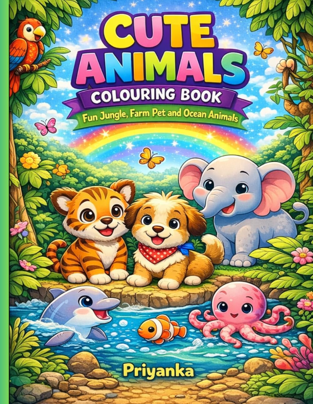 Cute Animals Coloring Book: Fun Jungle, Farm, Pet & Ocean Animals