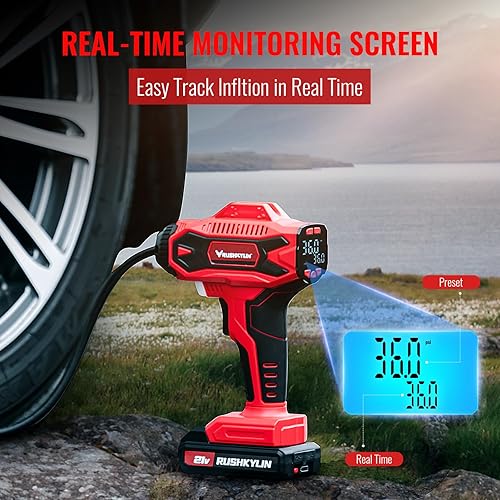 Miniatura 3 de RUSHKYLIN Inflador de neumáticos inalámbrico, compresor de aire portátil, bomba de aire de 160 PSI con adaptador de corriente de 12 V, bomba de