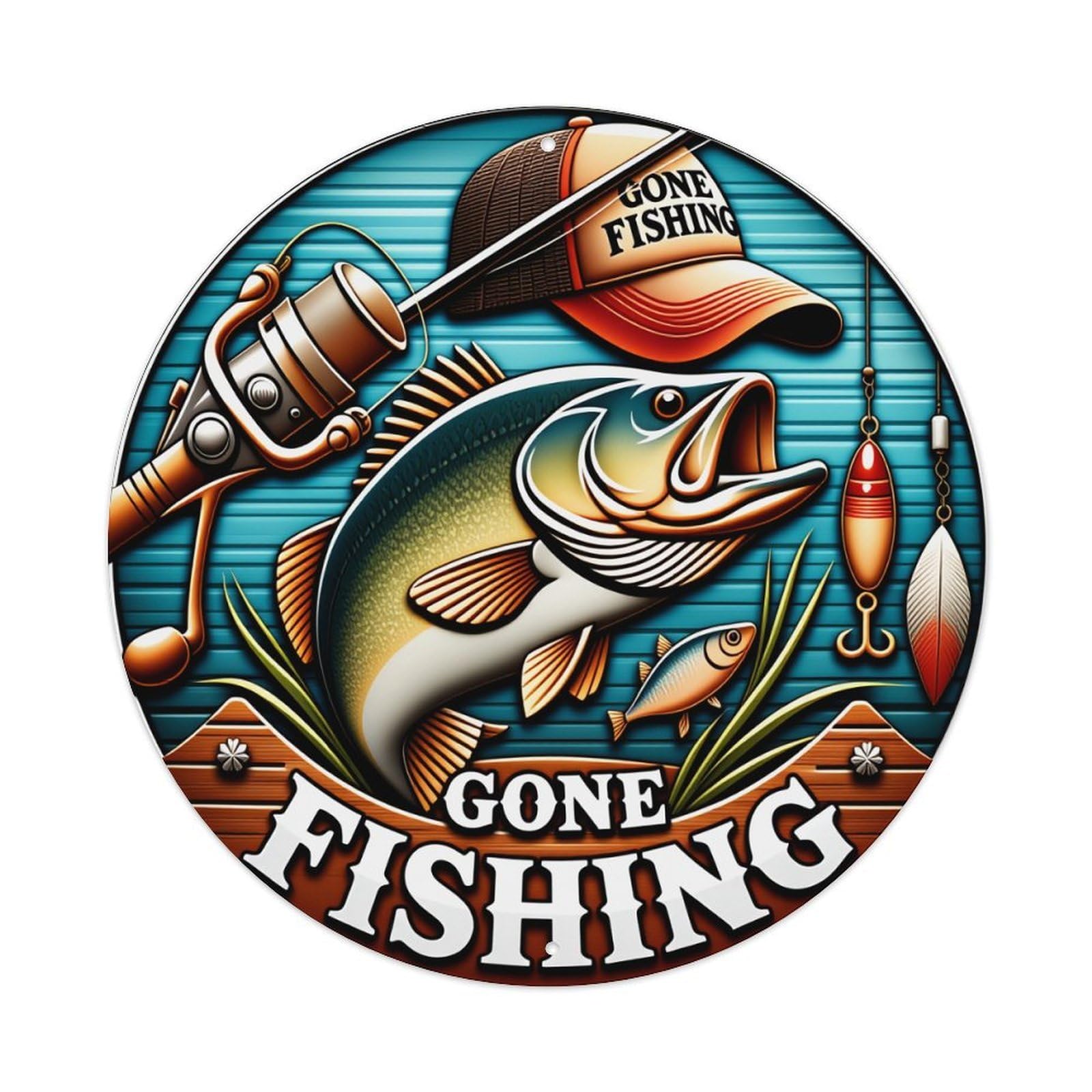 Wmlzdnwr Vintage Fishing Rod Hat Lure Fish Water Grass Sign Round Tin Sign,Retro Wall Art,Metal Poster For Home, Bar, Garage, Cafe, Rustic Indoor & Outdoor Decor, 8X8 Inches