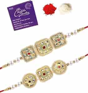 Sukkhi Premium Rakhi Set For Brother – Kundan & Pearl Design With Roli Chawal & Card (Set Of 2)