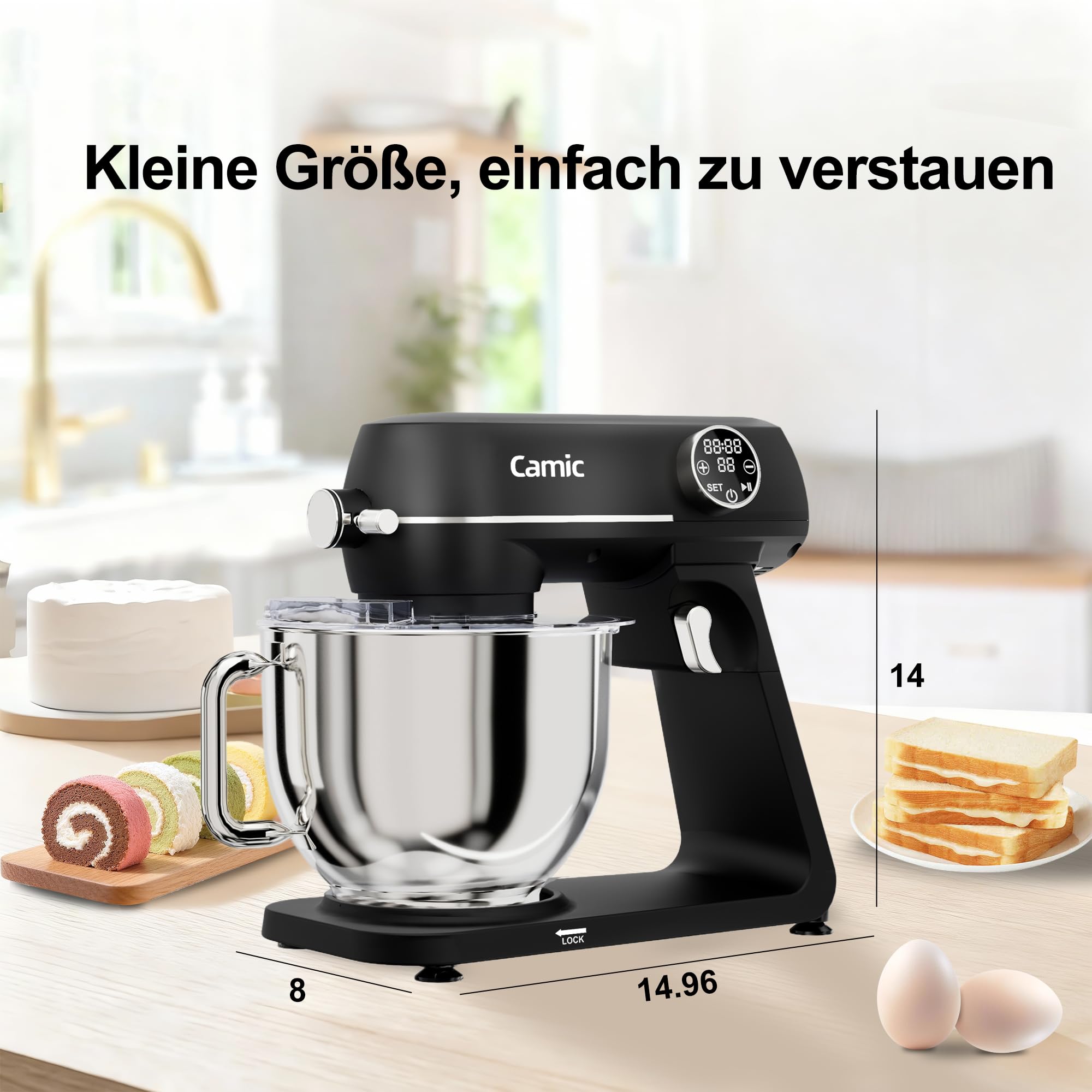 Camic Küchenmaschine 1800W, 8L Knetmaschine aus Vollmetall mit 10 Stufen, digitaler Touchscreen, Timer, Teigmaschine mit Schneebesen, Knethaken und Rührbesen zum Backen von Kuchen, Keksen und Brot