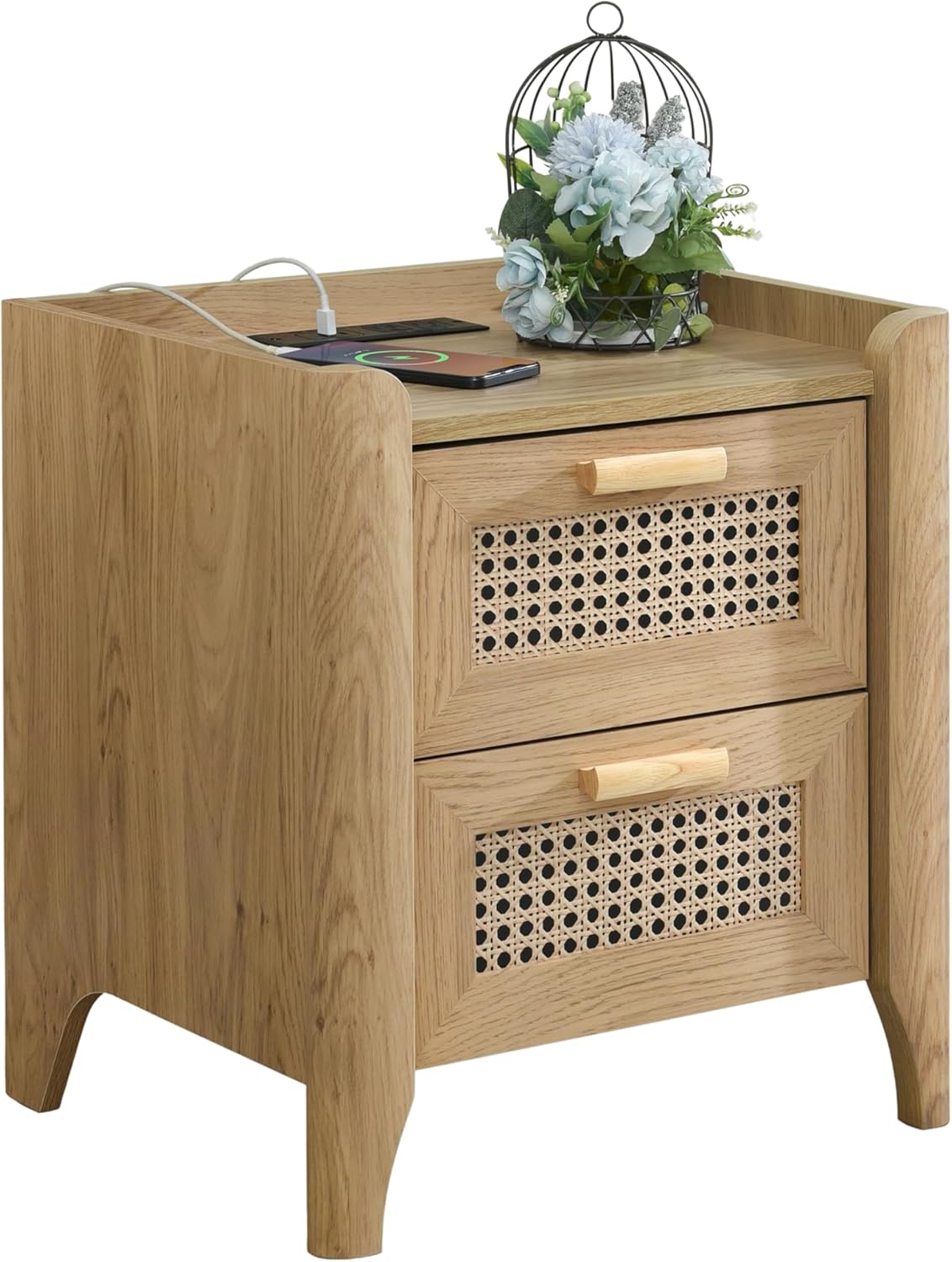 ELISA HOME Rattan-Inspired 2-Drawer Nightstand with Charging Station, Bedside Table with Drawers, Night Stand for Bedroom, End or Side Table for Living Room, 15.5" D x 18.9" W x 21.7" H, Oak