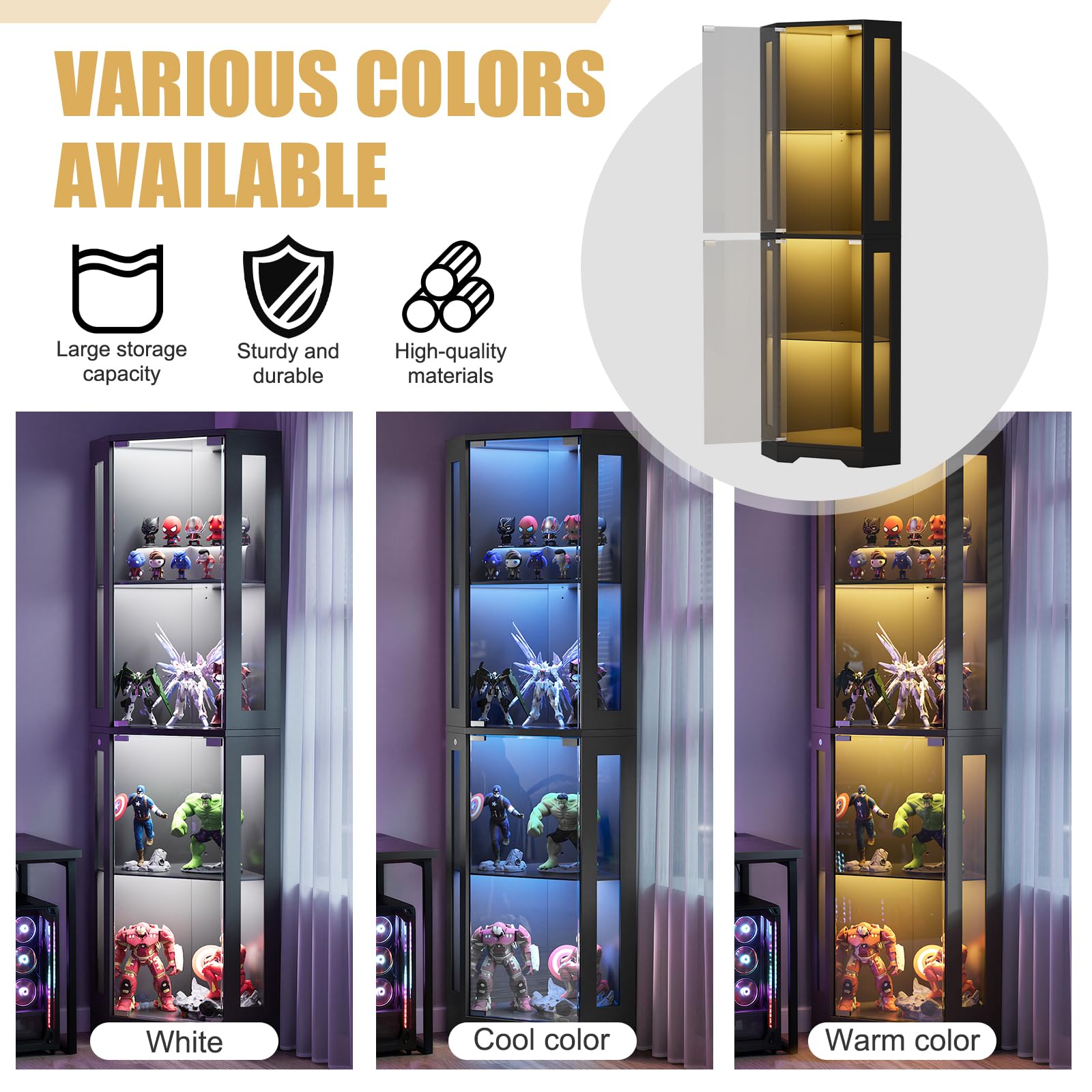 Vitrina esquinera de 4 Niveles con Puertas de Cristal para Dormitorio/Estudio, Vitrina de Cristal de 165cm con iluminación LED para coleccionistas y Sala de Estar, Negro