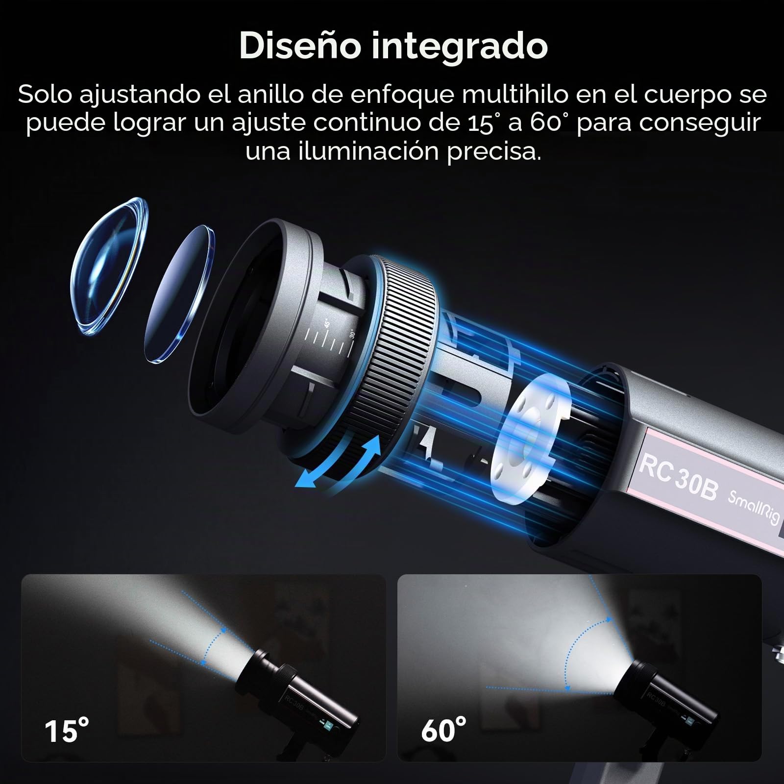 SMALLRIG RC 30B COB Luz de Vídeo, 30W Luz de Vídeo Bicolor CCT 2700K-6500K, 10900 Lux@1m, Ángulo Ajustable de 15°- 60°, CRI 96+, TLCI 96+, Iluminación Trasera Dura para Fotografía - 4280