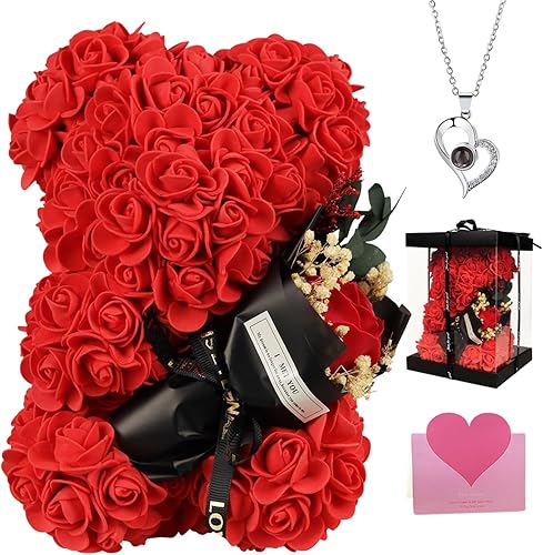 Juego de oso de rosas rojas Oso de peluche de flores preservadas con collar "I Love You" en 100 idiomas, regalo festivo para ella en Navidad, día