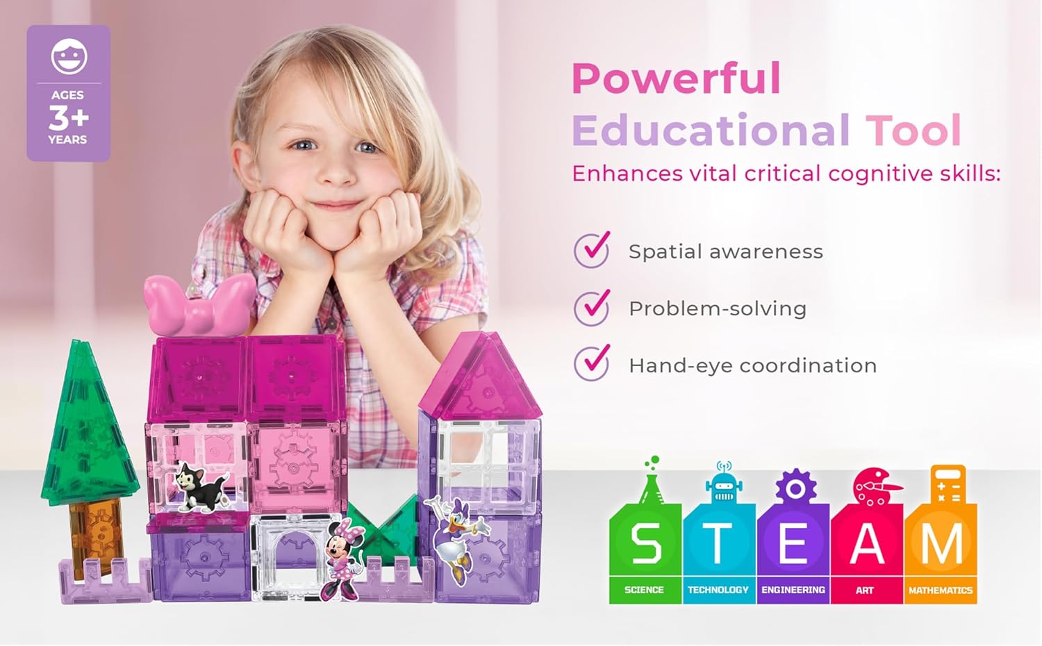 Tytan Official Disney Junior Minnie Mouse Magnetic Tile Set – 42-Piece STEAM Toy Featuring Magnetic Minnie Bow, Vibrant Tiles, Reusable Disney Stickers & More!