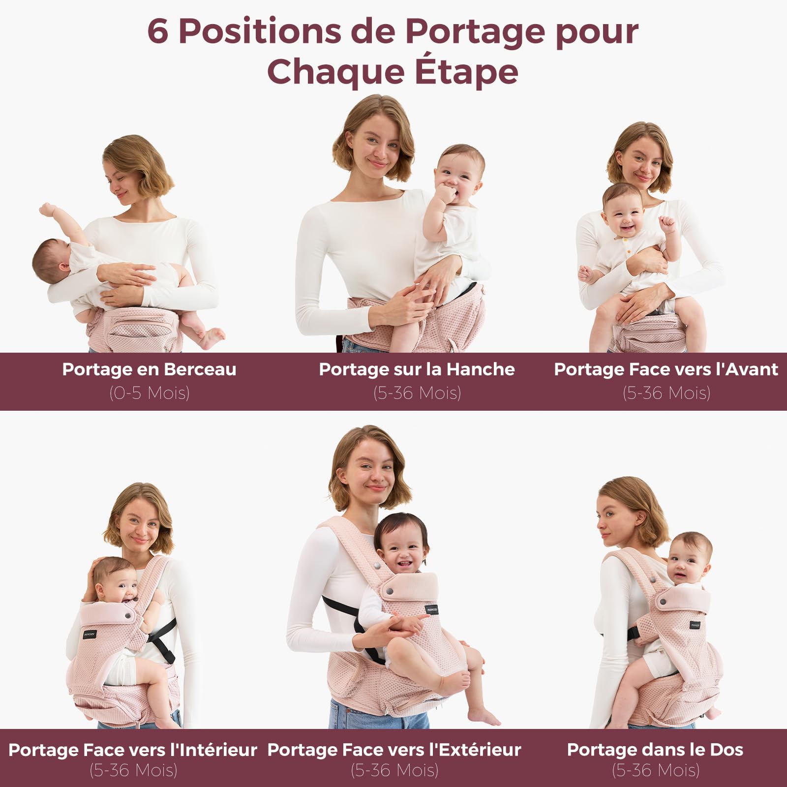 Momcozy Nosidełko dziecięce z poduszką na biodra, 2 w 1, regulowane i zdejmowane, do 20 kg, różowe