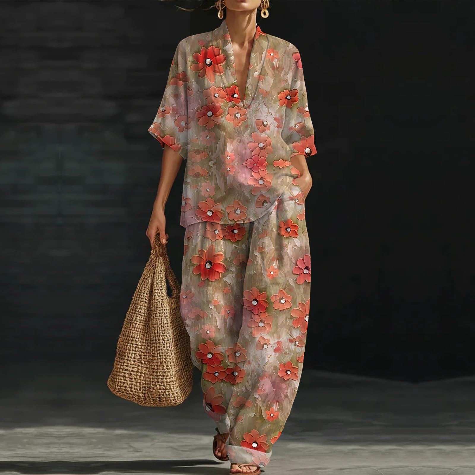 Musselin Zweiteiler Damen Sommer Leinen 2 Teiler 3/4 Ärmel V-Ausschnitt Set Kurzarm Oberteil Baggy Hose Leinenanzug Elegant Loungewear Outfit Luftig für Strand Urlaub und Yoga