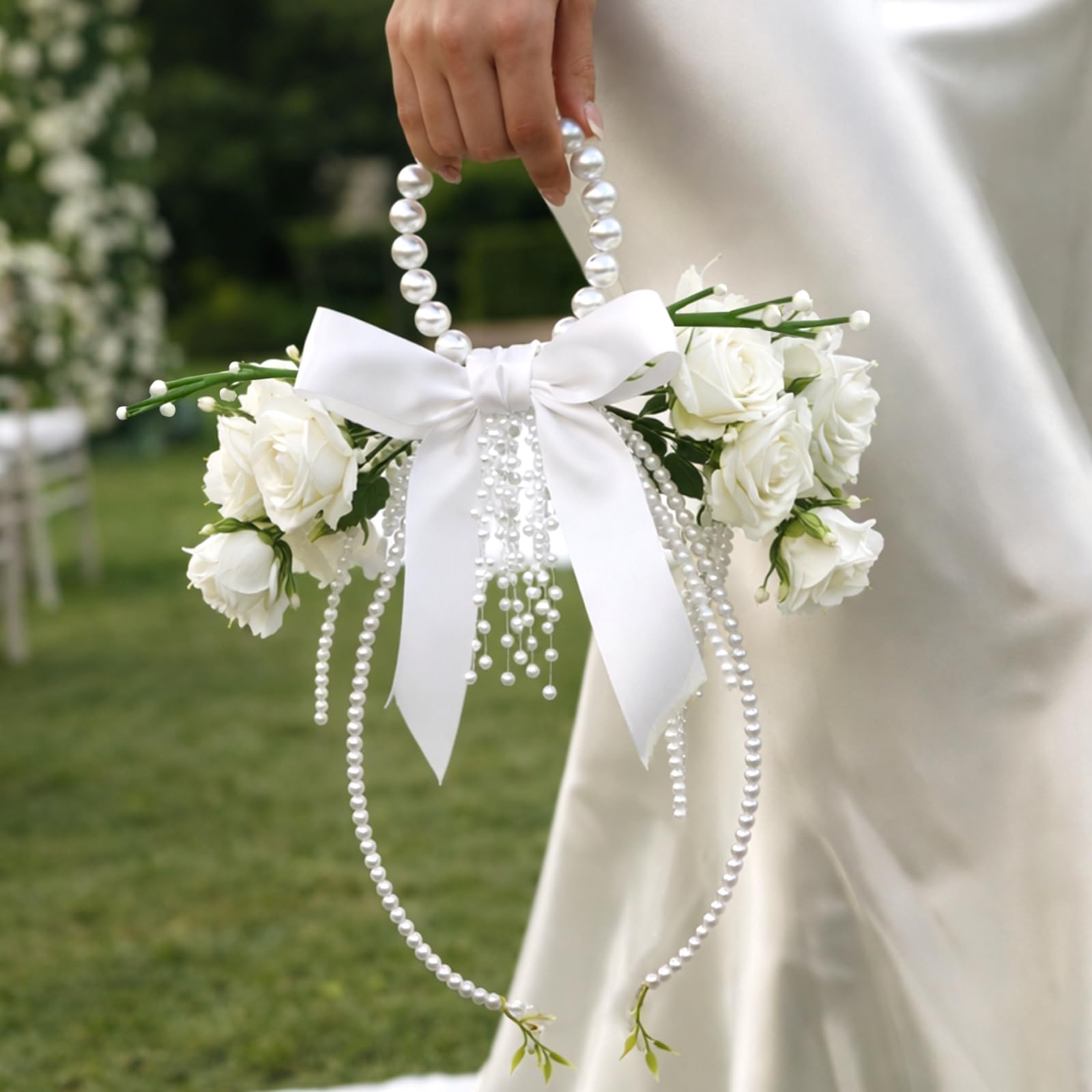 Amazon.com: Novabright White Rose Bridal Bouquet with Pearl Handle