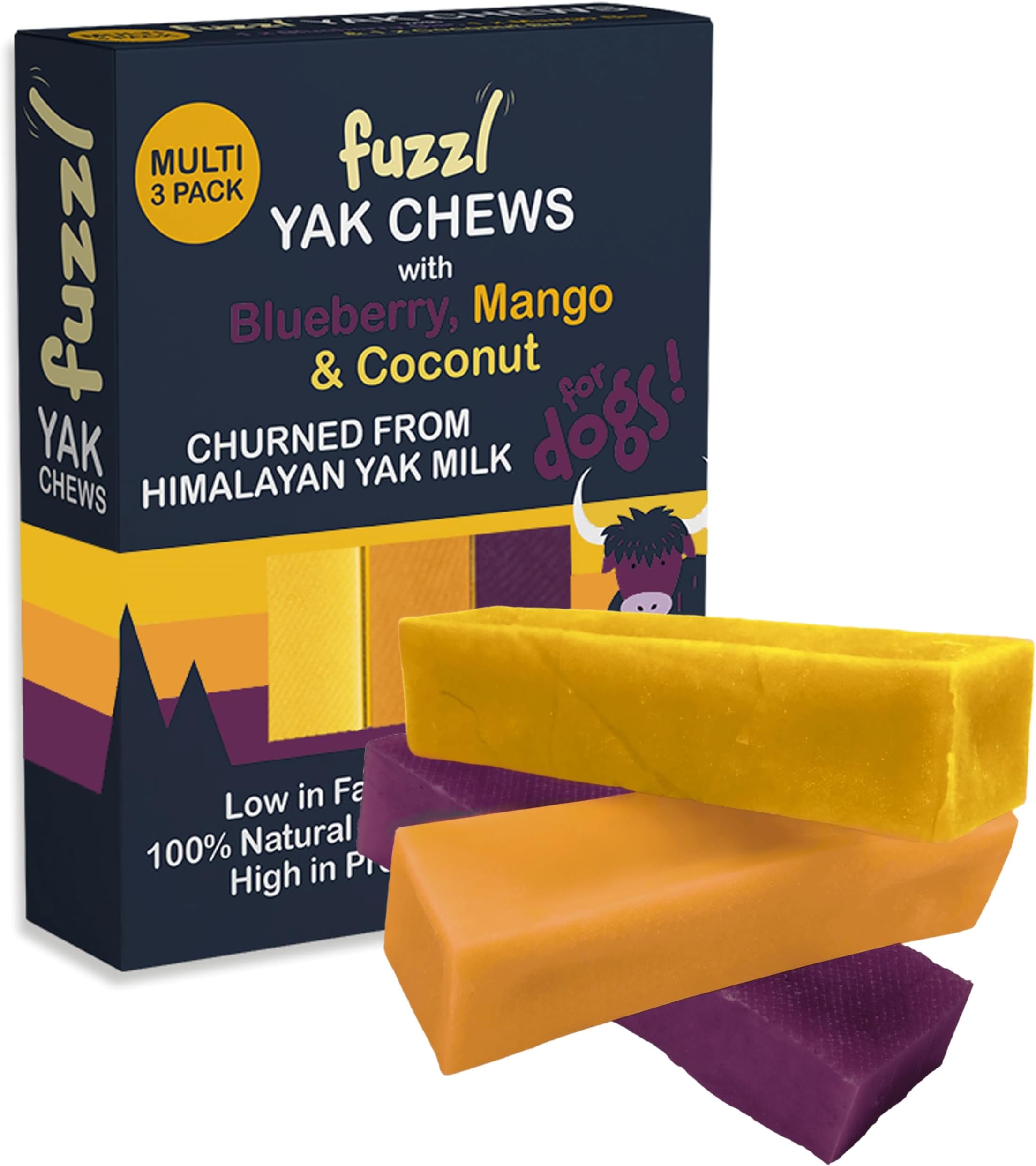 Fuzzl Yak Chews for Dogs Blueberry Mango Coconut 3 Pack - Natural Dog Treats with Himalayan Yak Milk - No Hide Dog Food Natural Dog Chews Long Lasting Dog Dental Sticks and Dental Chews